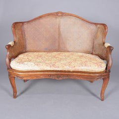 Antique French Louis XIV Carved Wormwood Walnut & Cane Back Settee, 19th Century