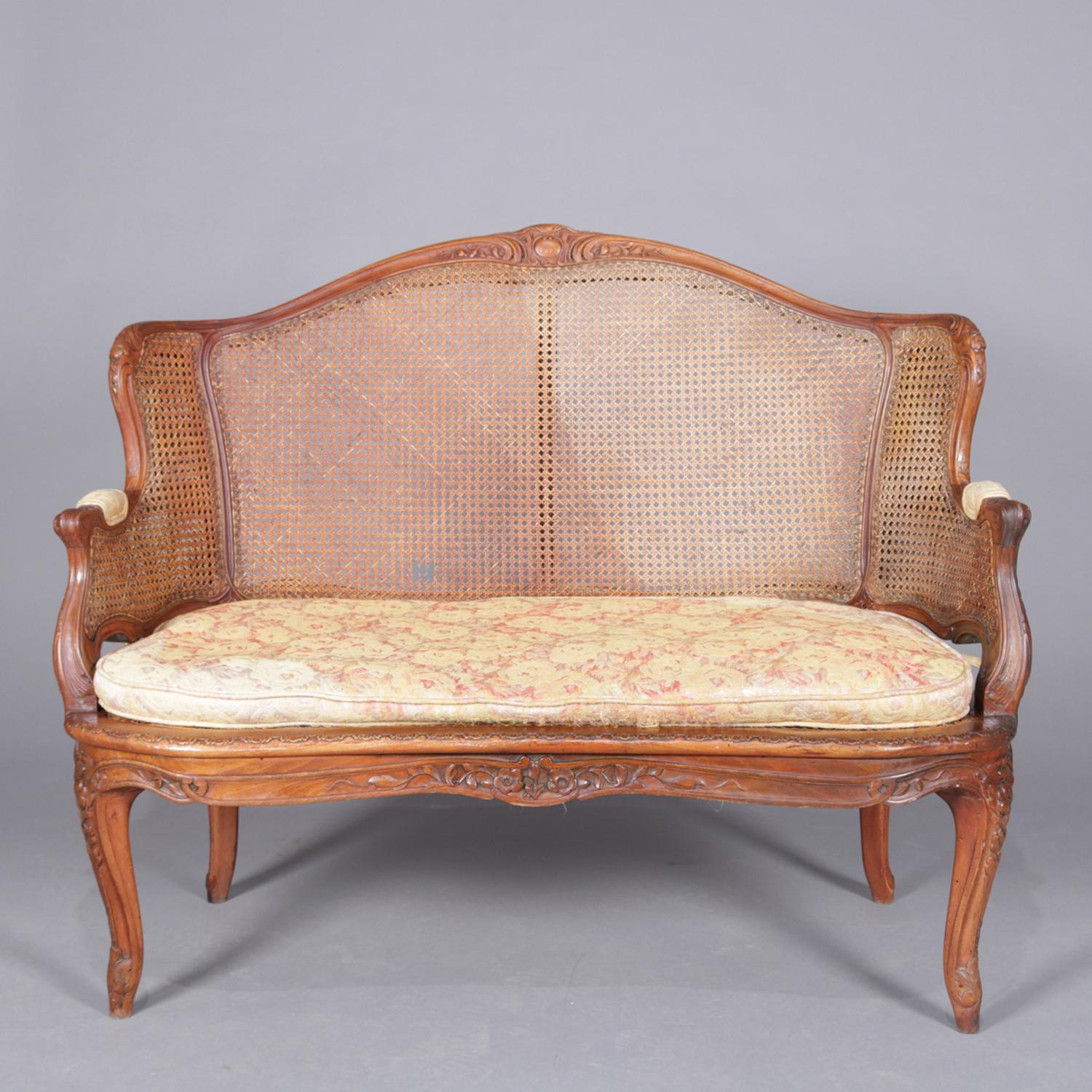 Antique French Louis XIV Carved Wormwood Walnut & Cane Back Settee, 19th Century 1
