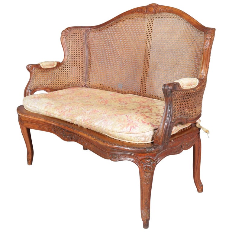 Antique French Louis XIV Carved Wormwood Walnut and Cane Back Settee