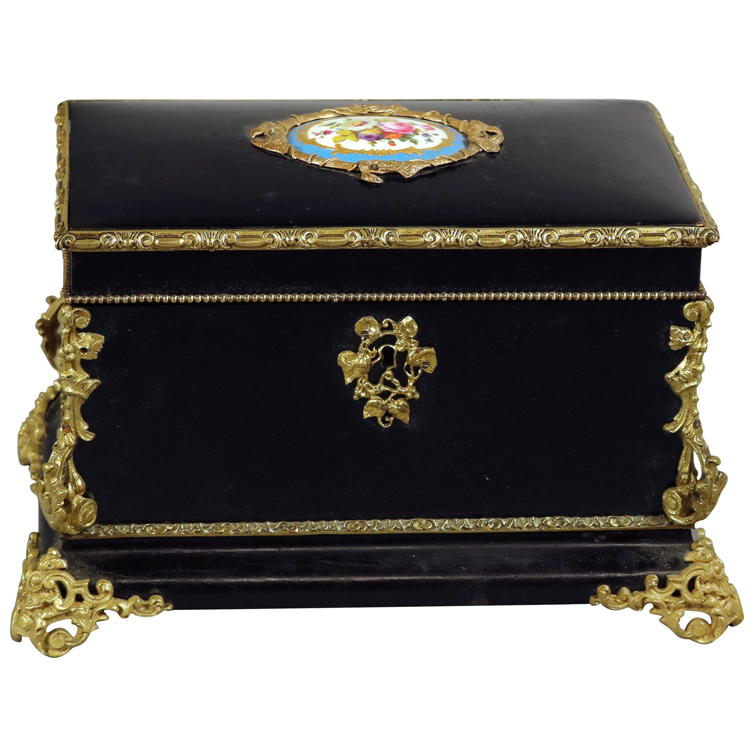 Antique French Louis XIV Ebonized, Ormolu and Sevres School Tea Caddy
