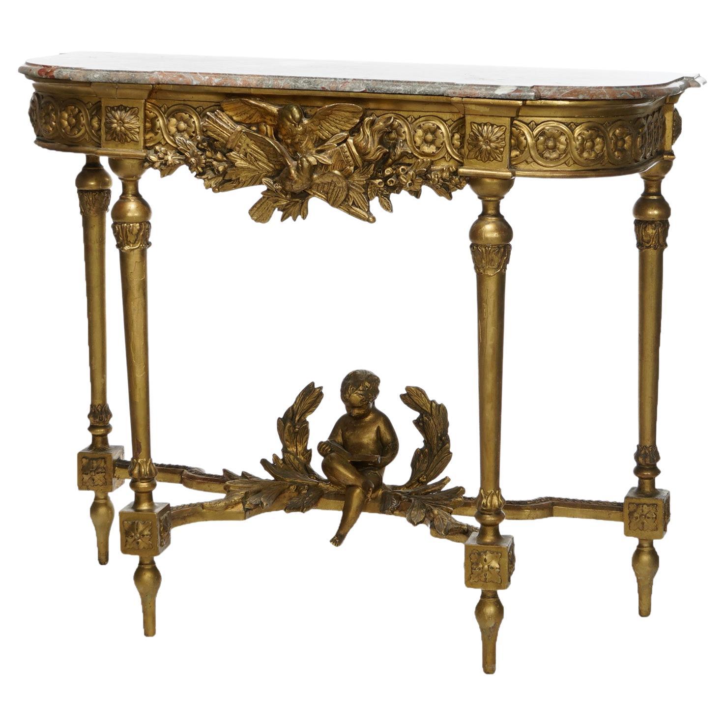 Antique French Louis XIV Figural Cherub Giltwood & Marble Console Table 19thC
