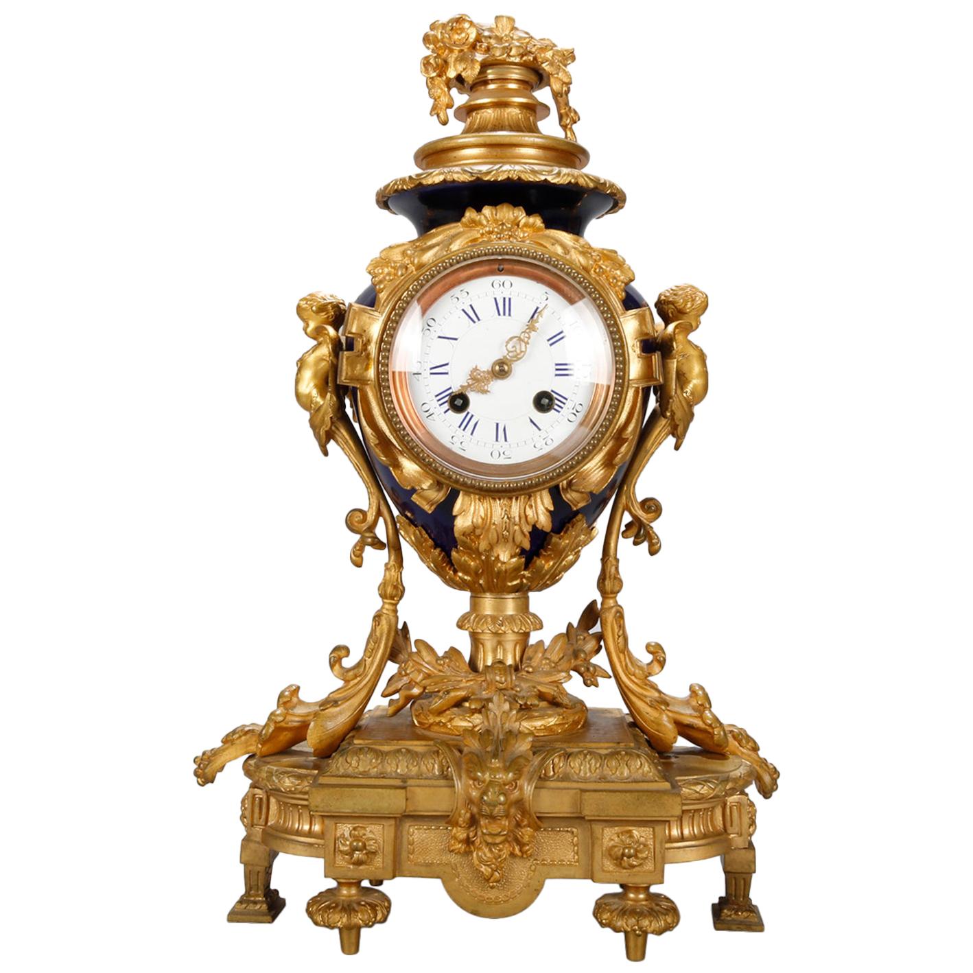 Antique French Louis XIV Figural Gilt Bronze and Porcelain Mantle Clock