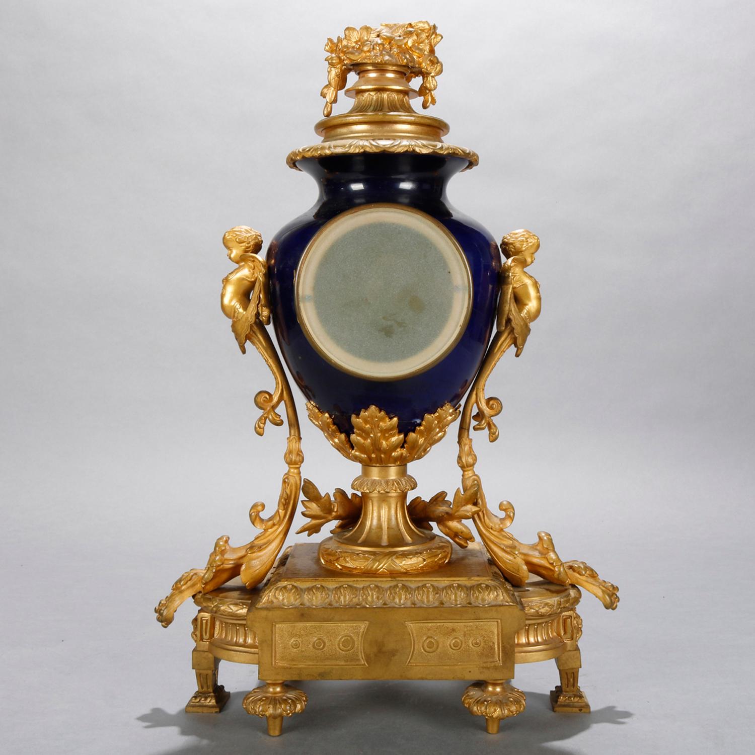 Cast Antique French Louis XIV Figural Gilt Bronze and Porcelain Mantle Clock
