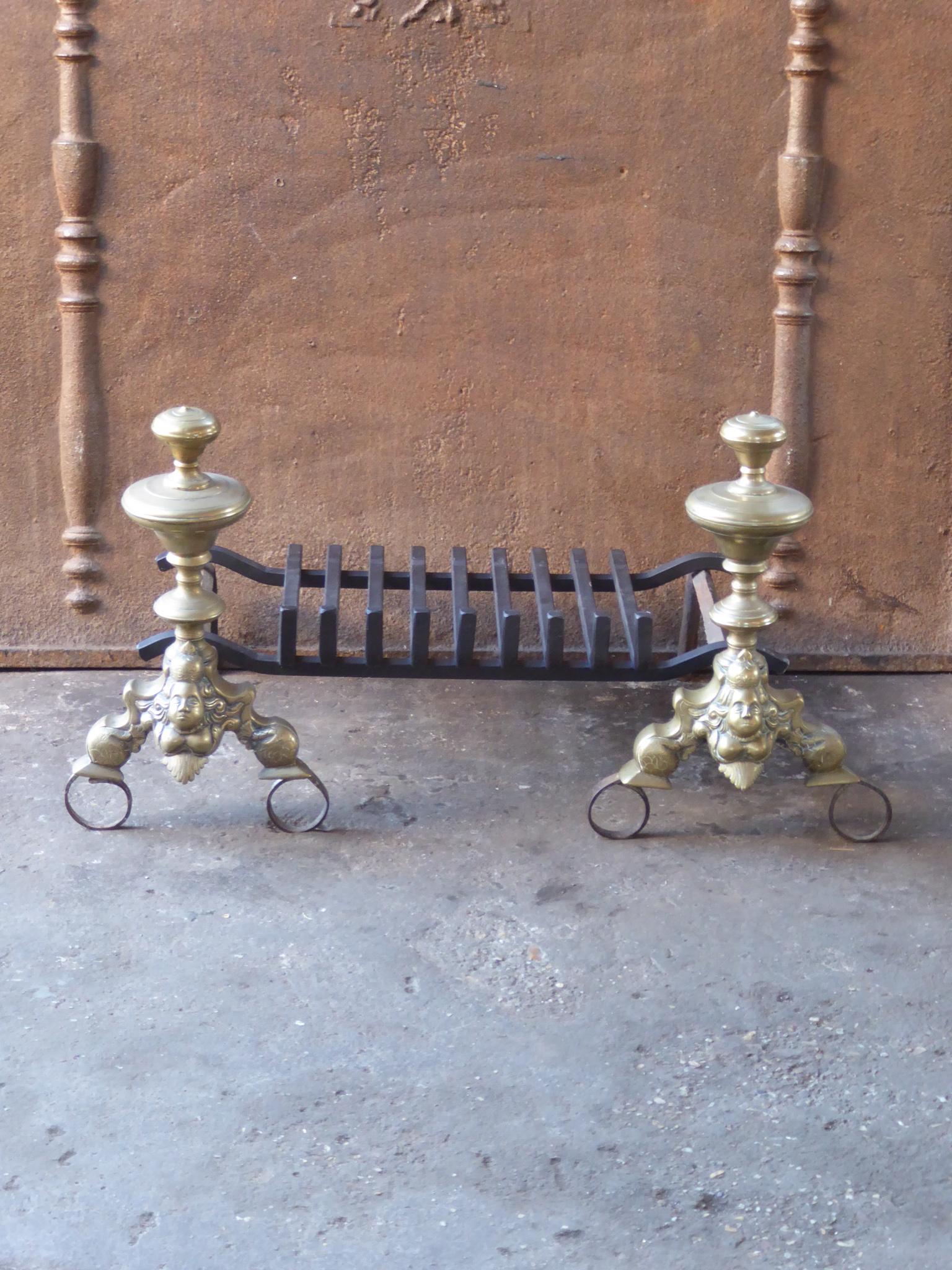 17th century French Louis XIV period fireplace basket - fire basket made of bronze and wrought iron. The total width of the front of the grate is 75 cm (29.5 inch).

The basket is in a good condition and is fully functional.