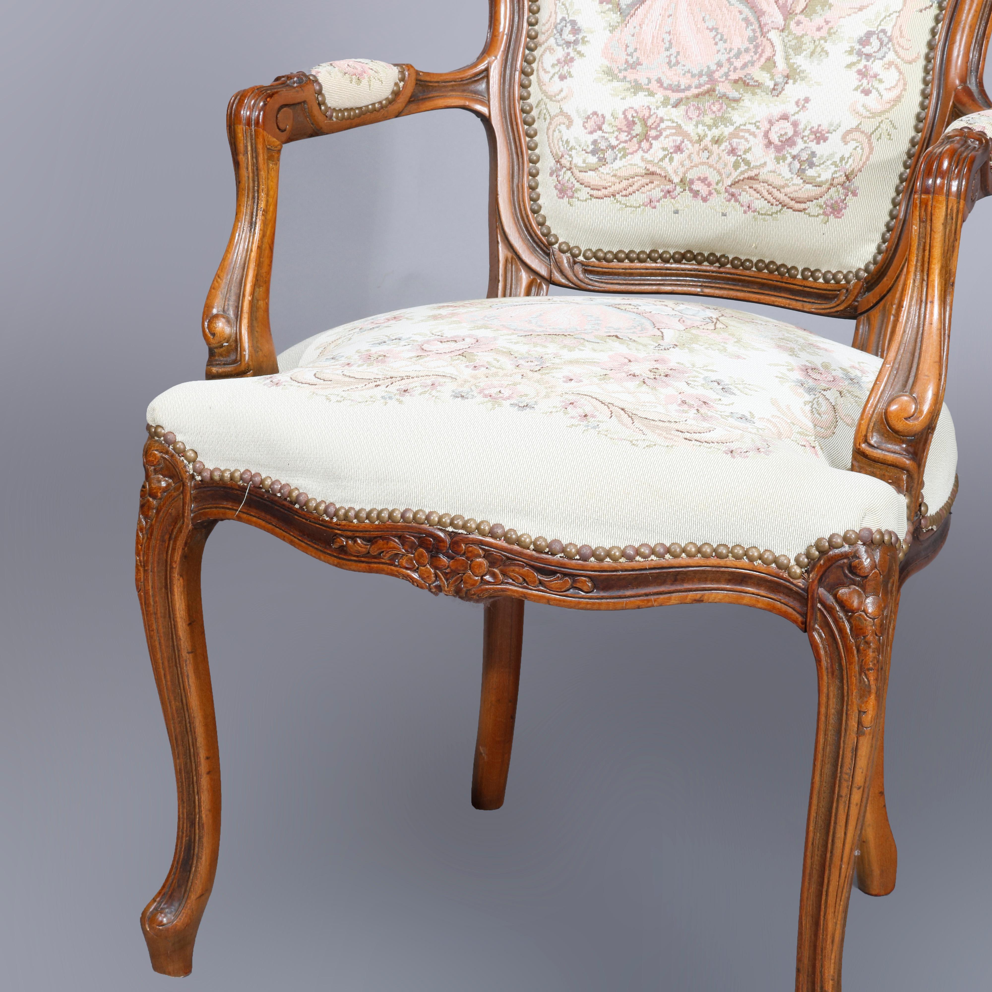 French Louis XIV French Fauteuil Tapestry Carved Walnut Armchair, 20th Century In Good Condition In Big Flats, NY