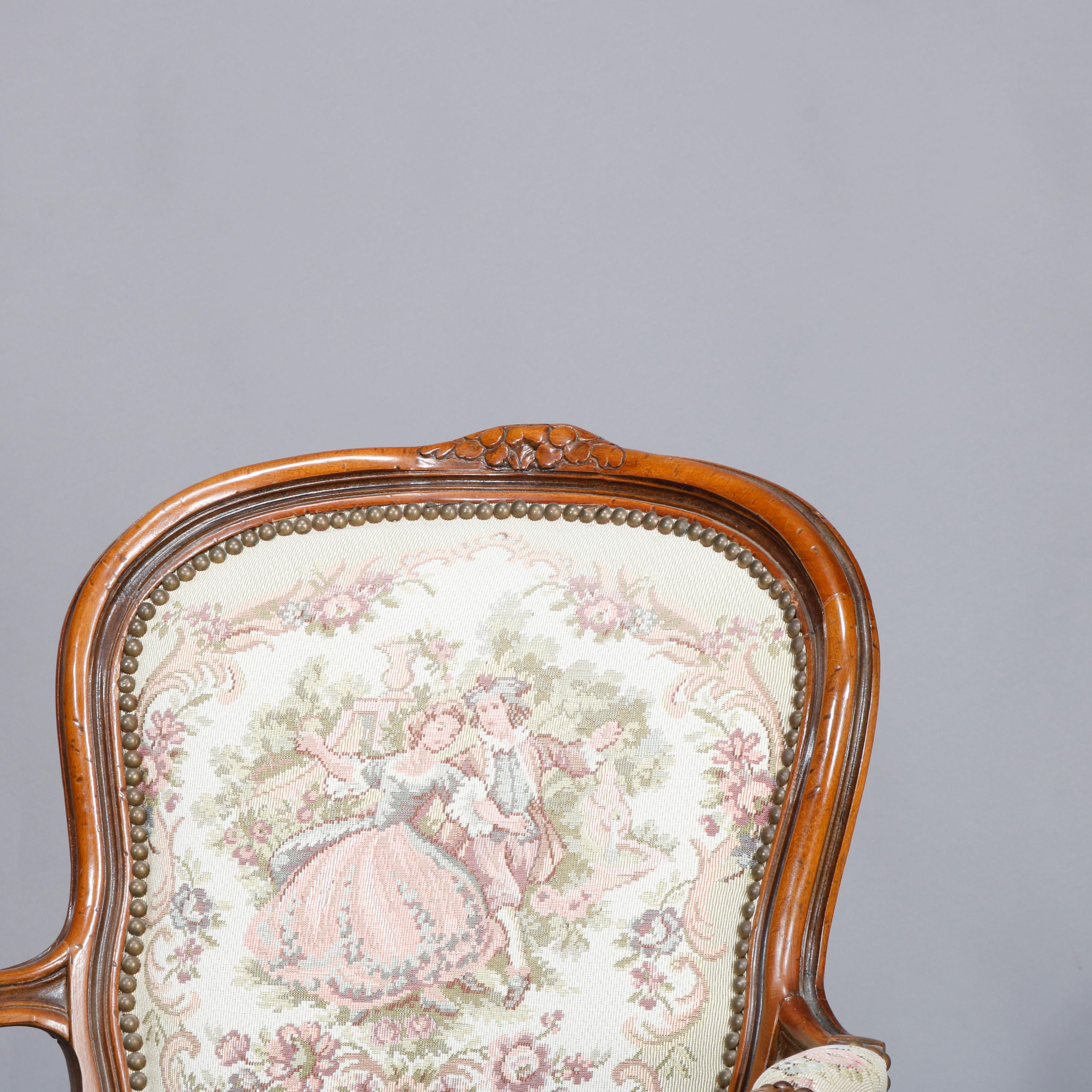 French Louis XIV French Fauteuil Tapestry Carved Walnut Armchair, 20th Century 1