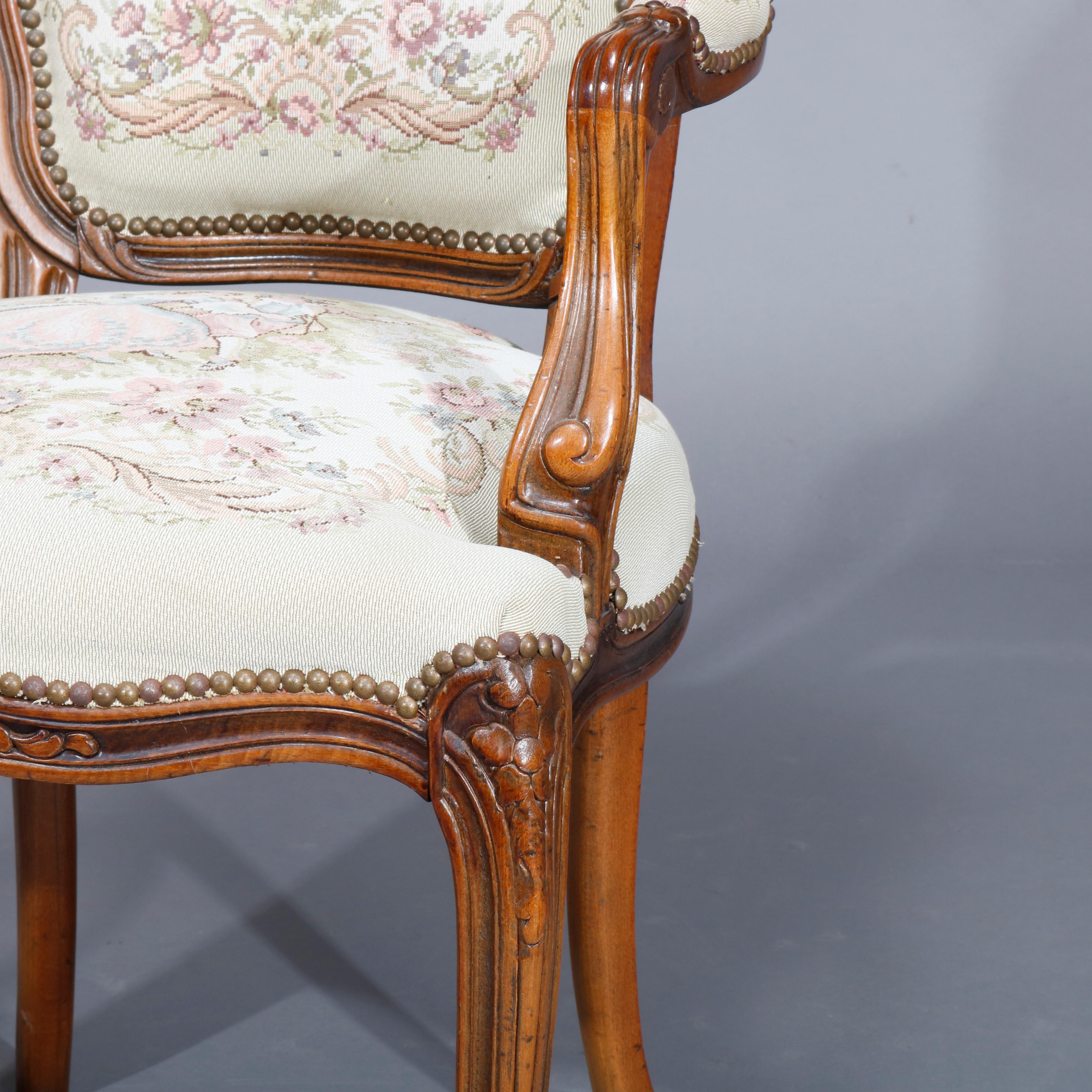 French Louis XIV French Fauteuil Tapestry Carved Walnut Armchair, 20th Century 2