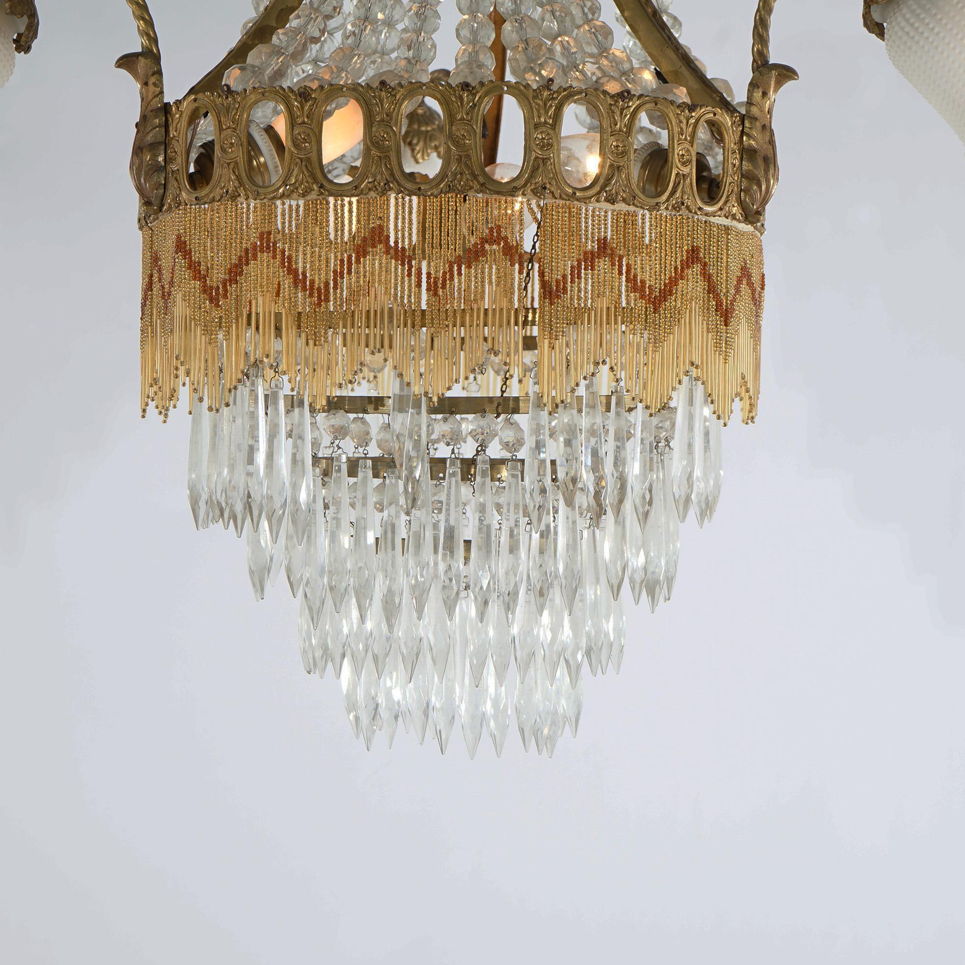 Antique French Louis XIV Gilt Bronze, Crystal & Beaded 6 Light Chandelier c1920 For Sale 4