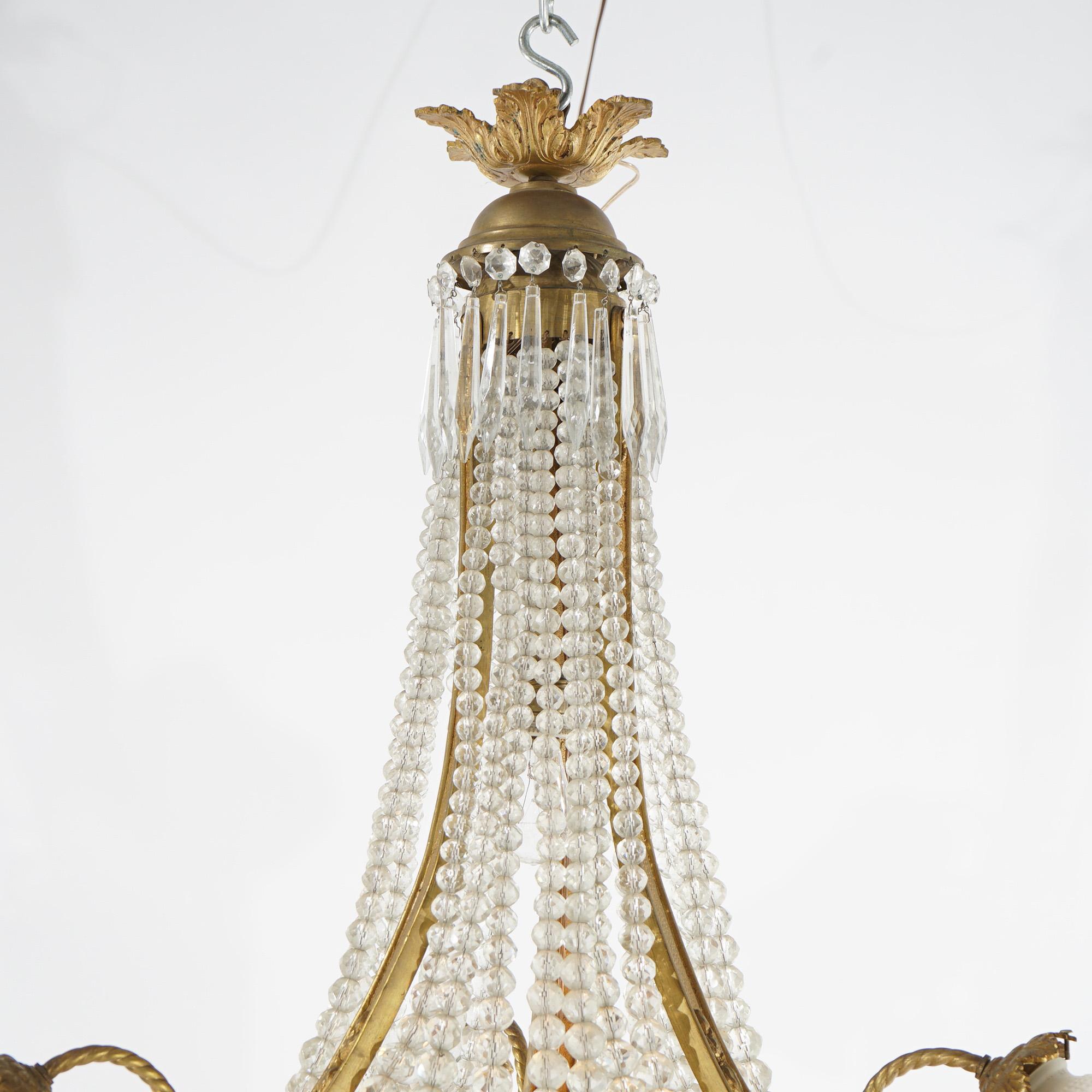Antique French Louis XIV Gilt Bronze, Crystal & Beaded 6 Light Chandelier c1920 For Sale 5