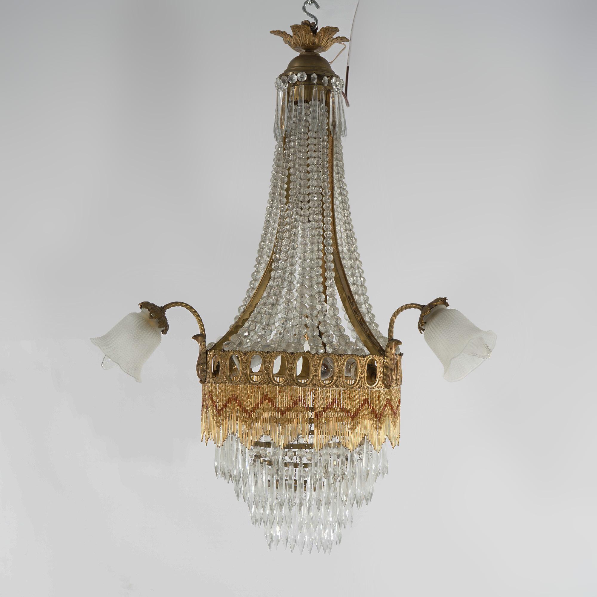 Antique French Louis XIV Gilt Bronze, Crystal & Beaded 6 Light Chandelier c1920 For Sale 6