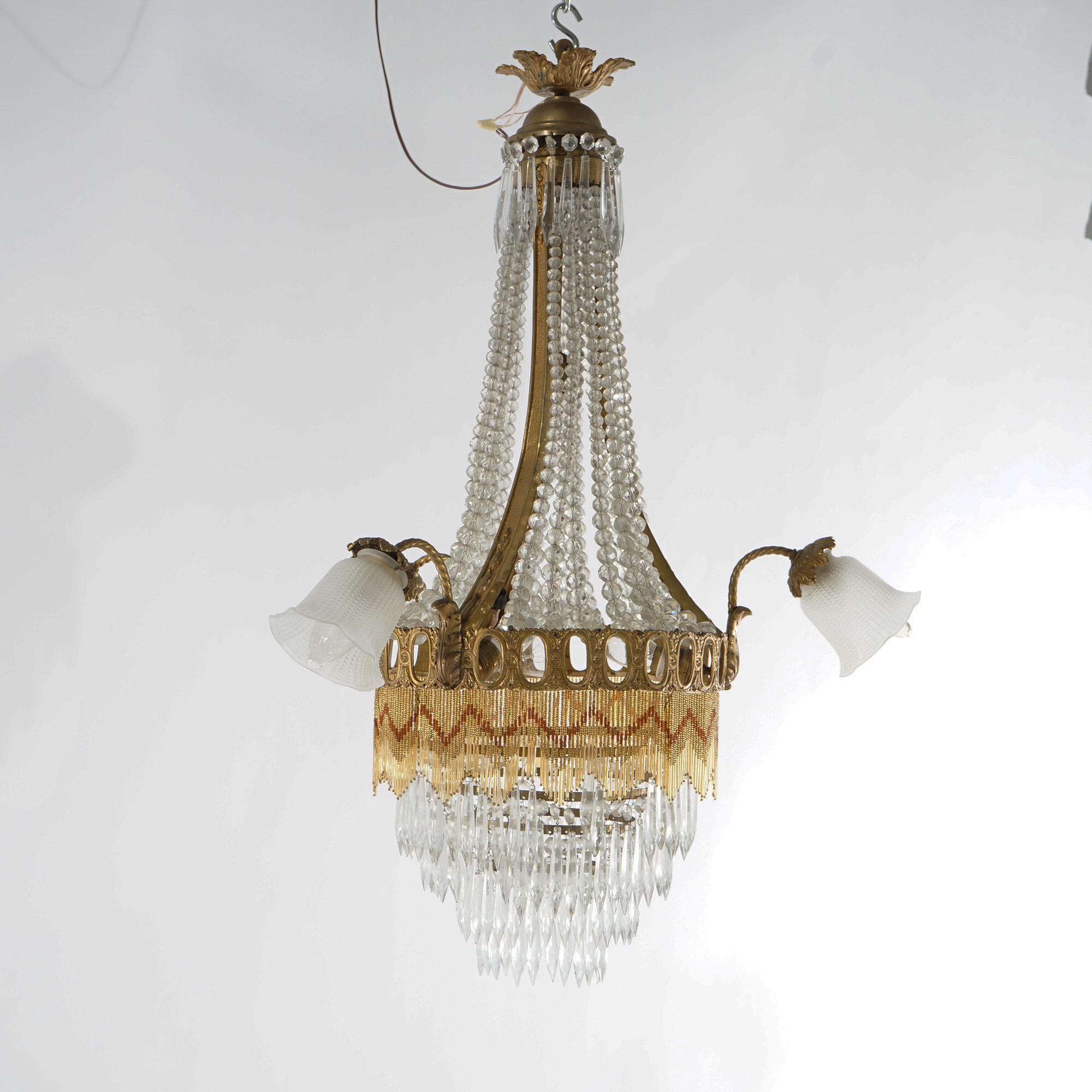 Antique French Louis XIV Gilt Bronze, Crystal & Beaded 6 Light Chandelier c1920 For Sale 7