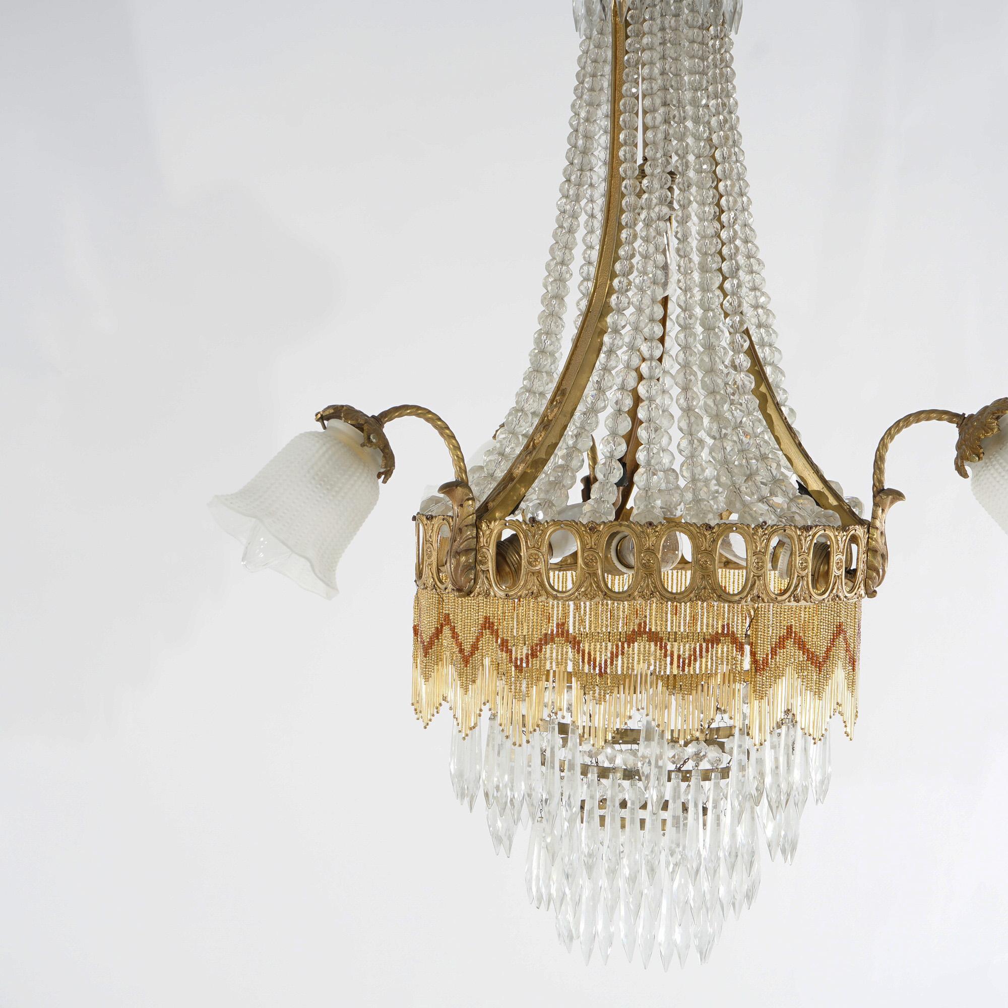 Antique French Louis XIV Gilt Bronze, Crystal & Beaded 6 Light Chandelier c1920 For Sale 8