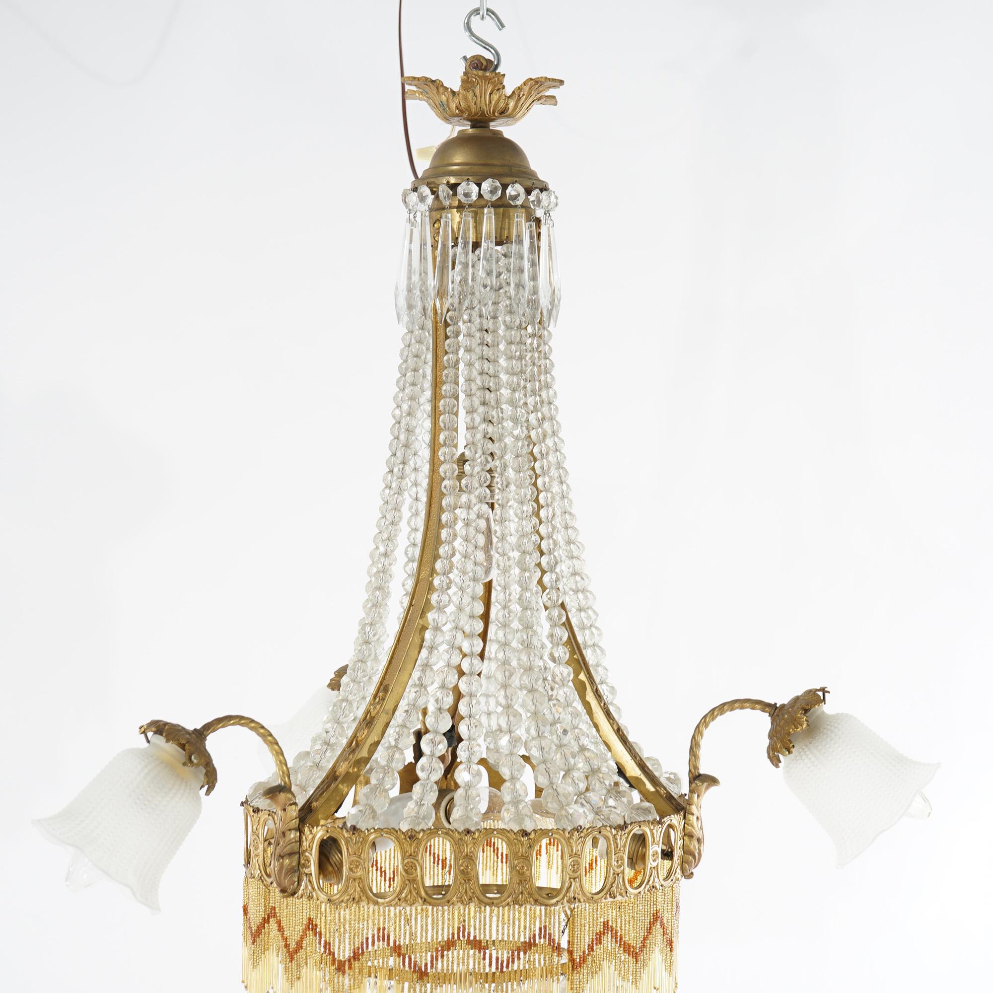 Antique French Louis XIV Gilt Bronze, Crystal & Beaded 6 Light Chandelier c1920 For Sale 9