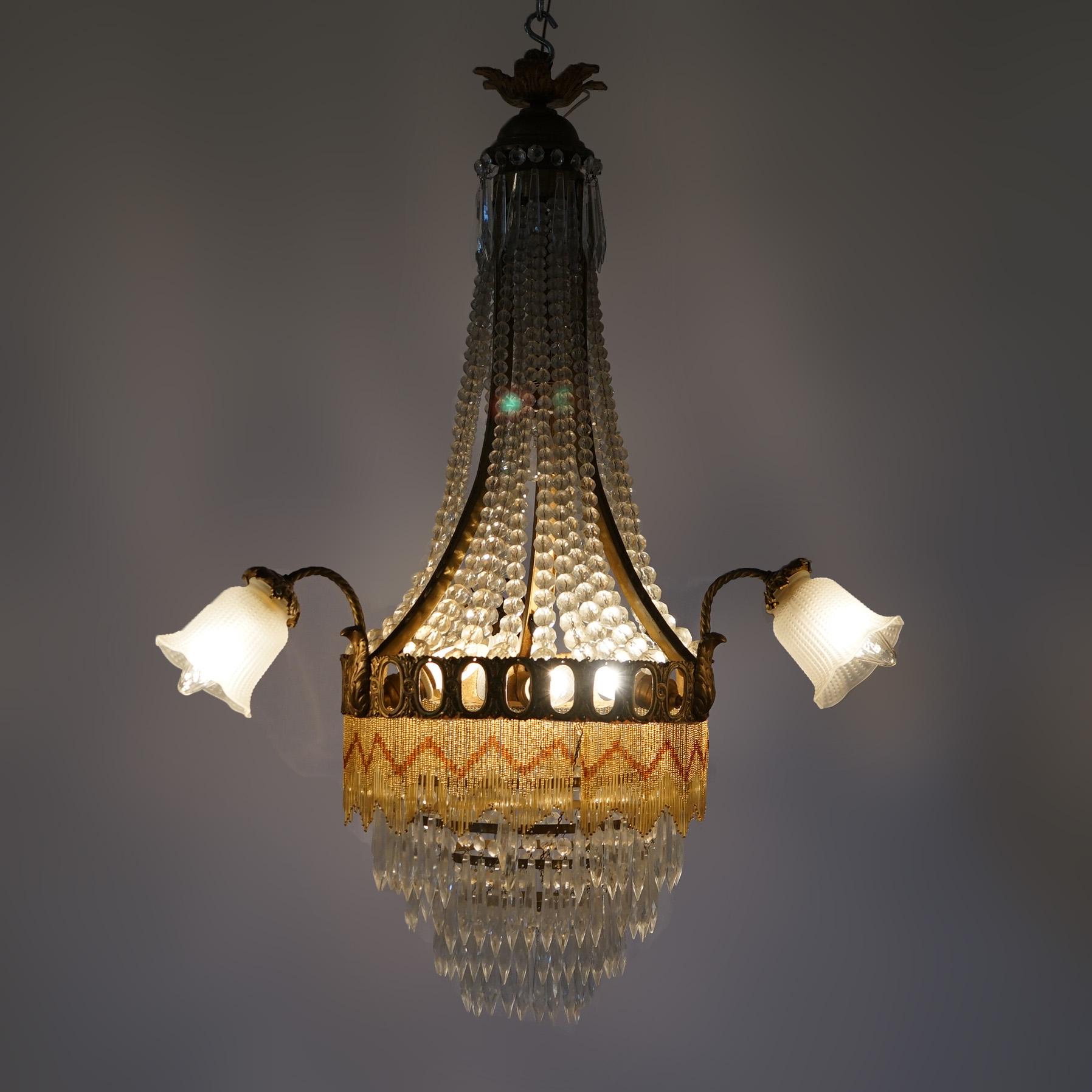 American Antique French Louis XIV Gilt Bronze, Crystal & Beaded 6 Light Chandelier c1920 For Sale