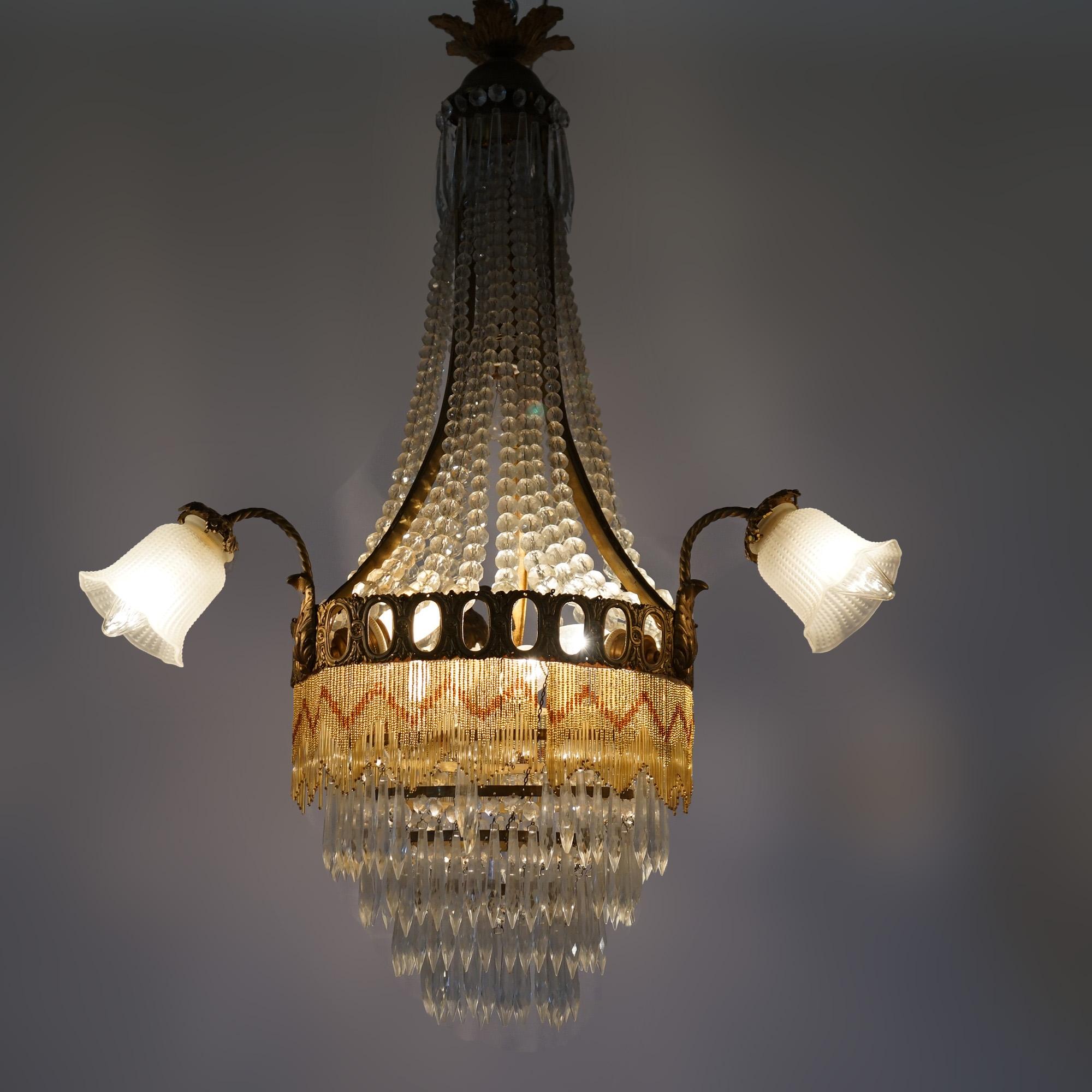 Antique French Louis XIV Gilt Bronze, Crystal & Beaded 6 Light Chandelier c1920 In Good Condition For Sale In Big Flats, NY
