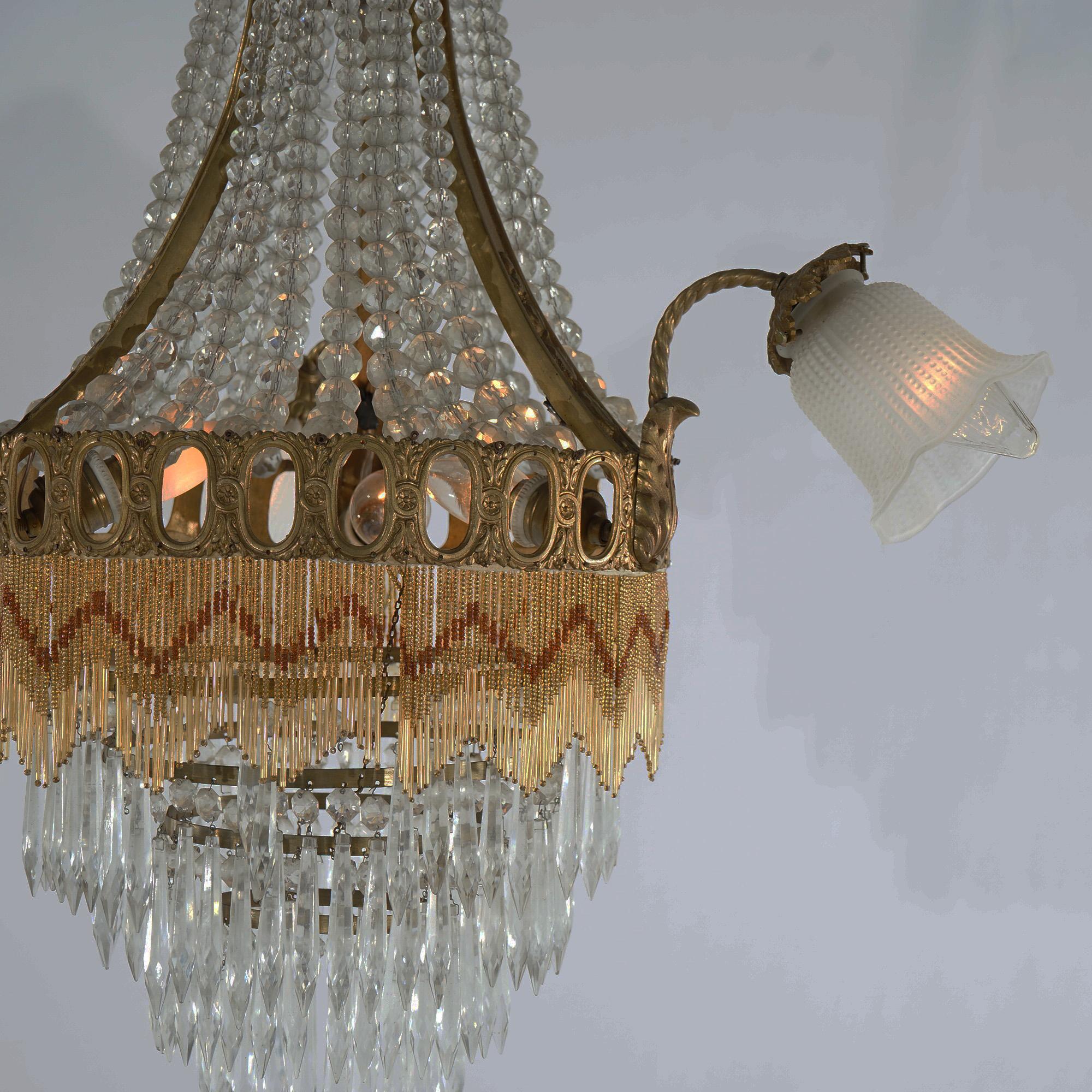 Antique French Louis XIV Gilt Bronze, Crystal & Beaded 6 Light Chandelier c1920 For Sale 1