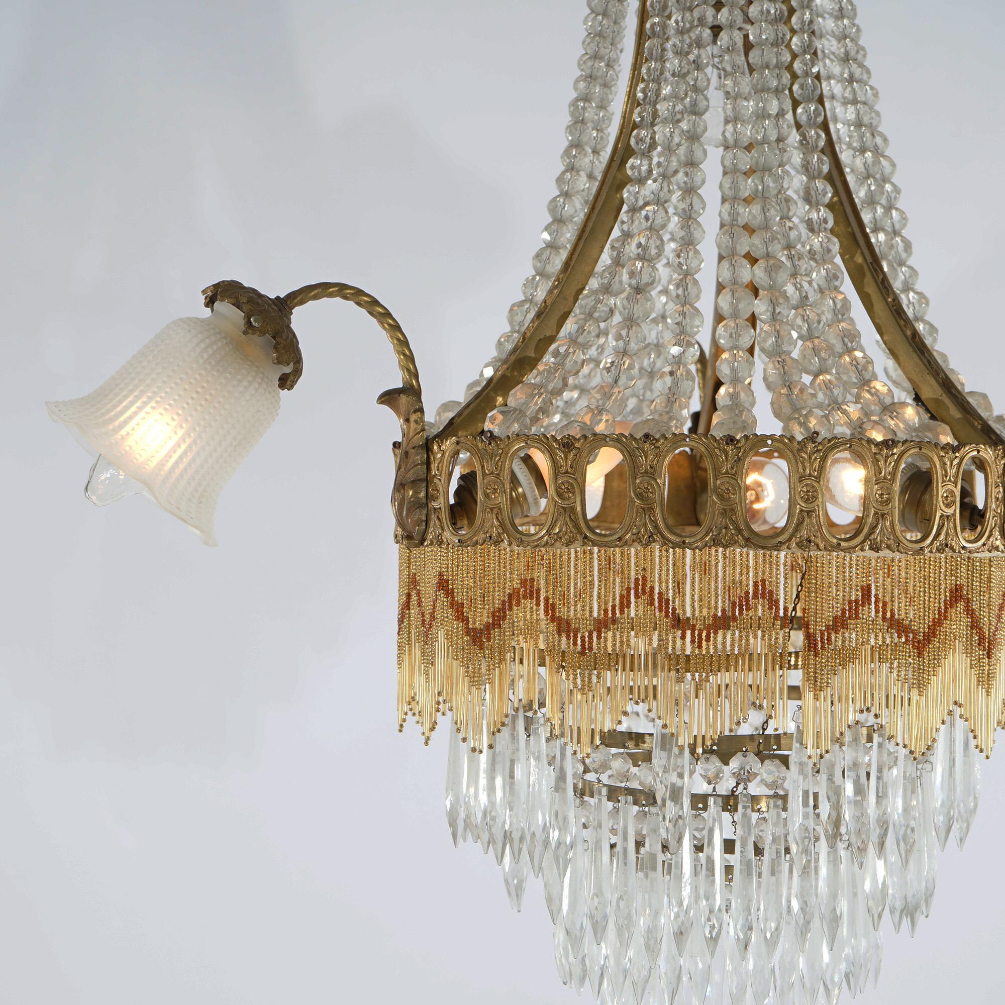 Antique French Louis XIV Gilt Bronze, Crystal & Beaded 6 Light Chandelier c1920 For Sale 2