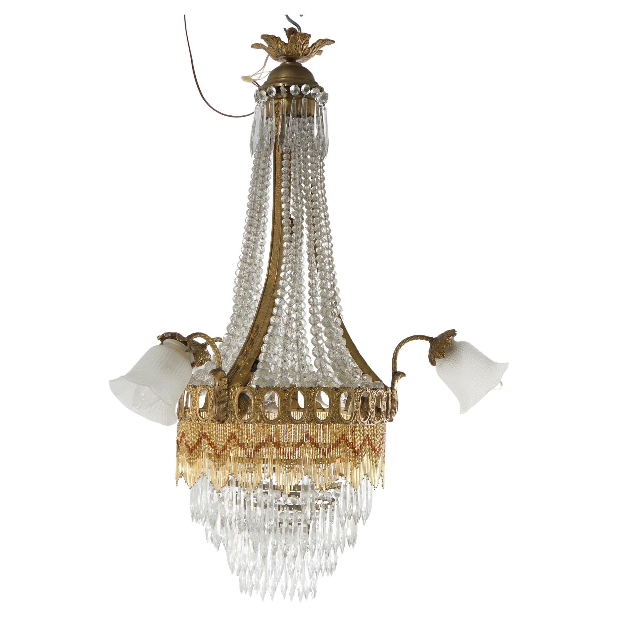 Antique French Louis XIV Gilt Bronze, Crystal & Beaded 6 Light Chandelier c1920 For Sale