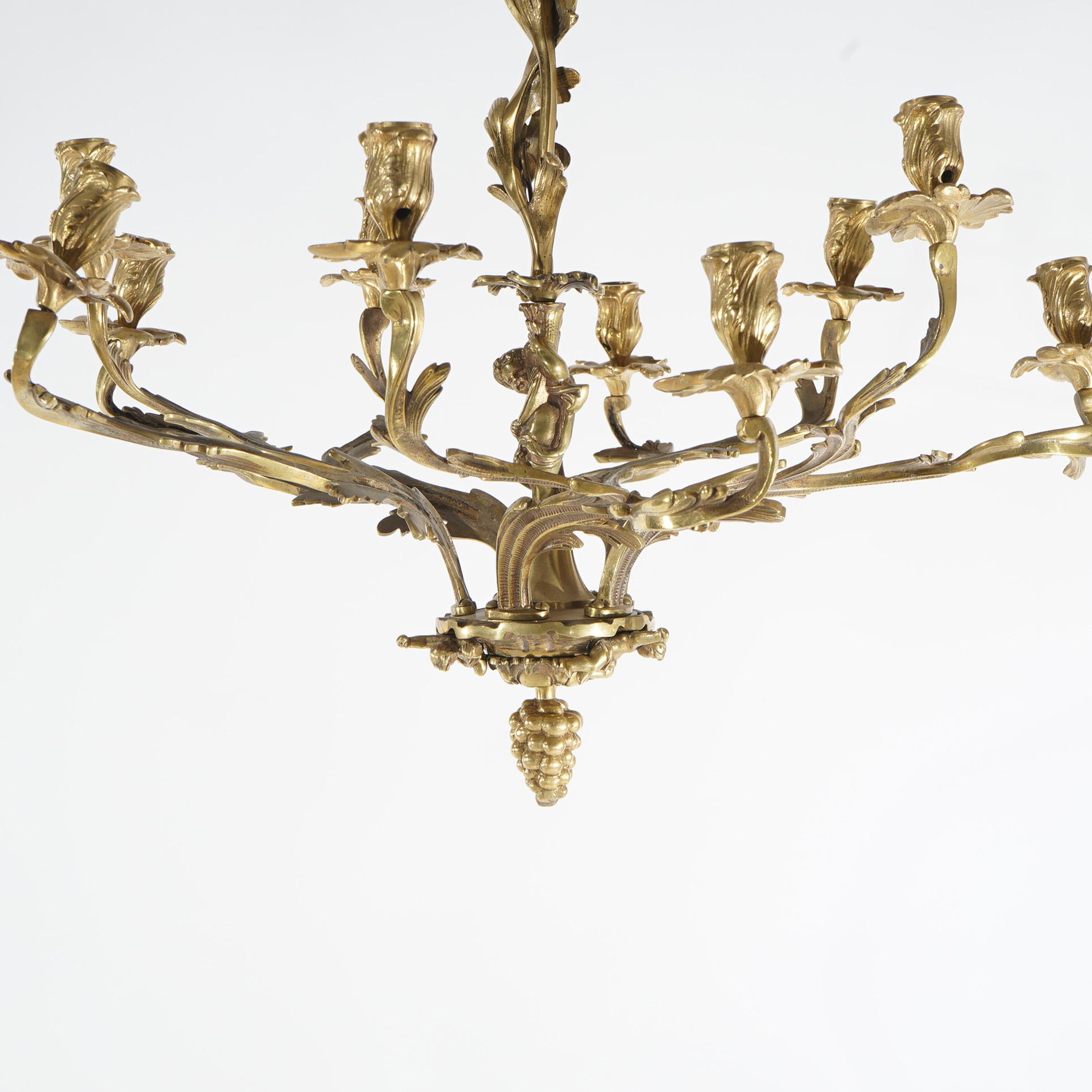 Antique French Louis XIV Gilt Bronze Figural Cherub Candelabra Chandelier c1880 In Good Condition For Sale In Big Flats, NY