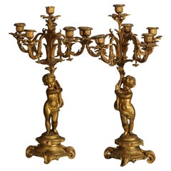 Antique French Louis XIV Gilt Bronze Figural Putti Candelabra Circa 1880