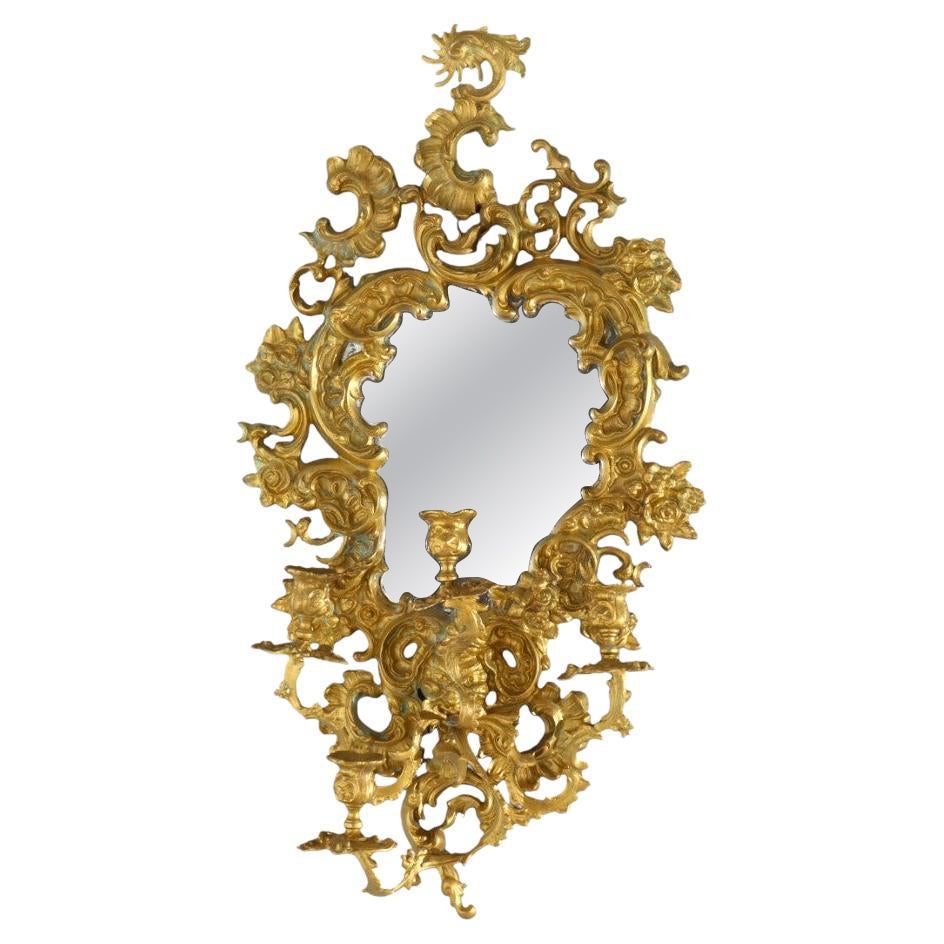 Antique French Louis XIV Gilt Bronze Mirrored Candle Wall Sconce c1890