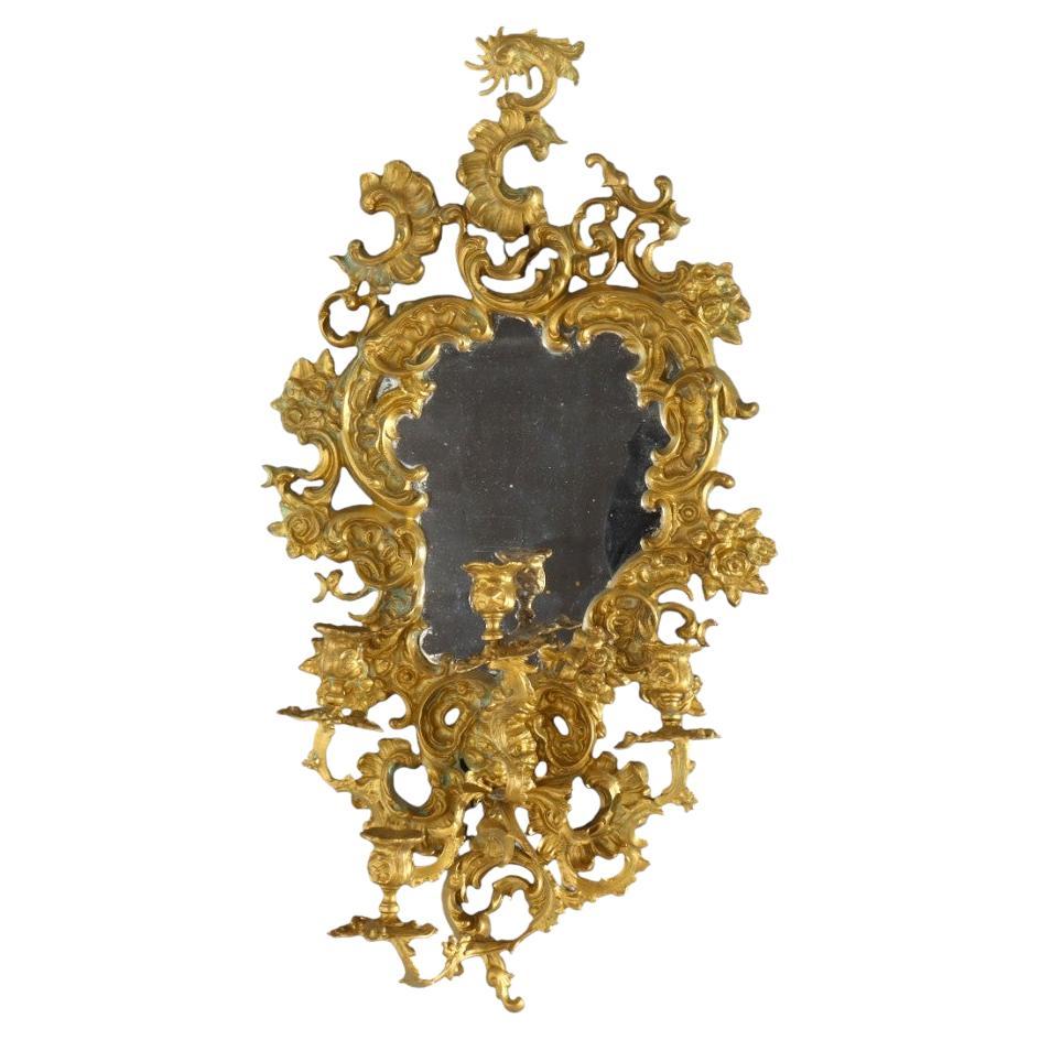 Antique French Louis XIV Gilt Bronze Mirrored Candle Wall Sconce c1890