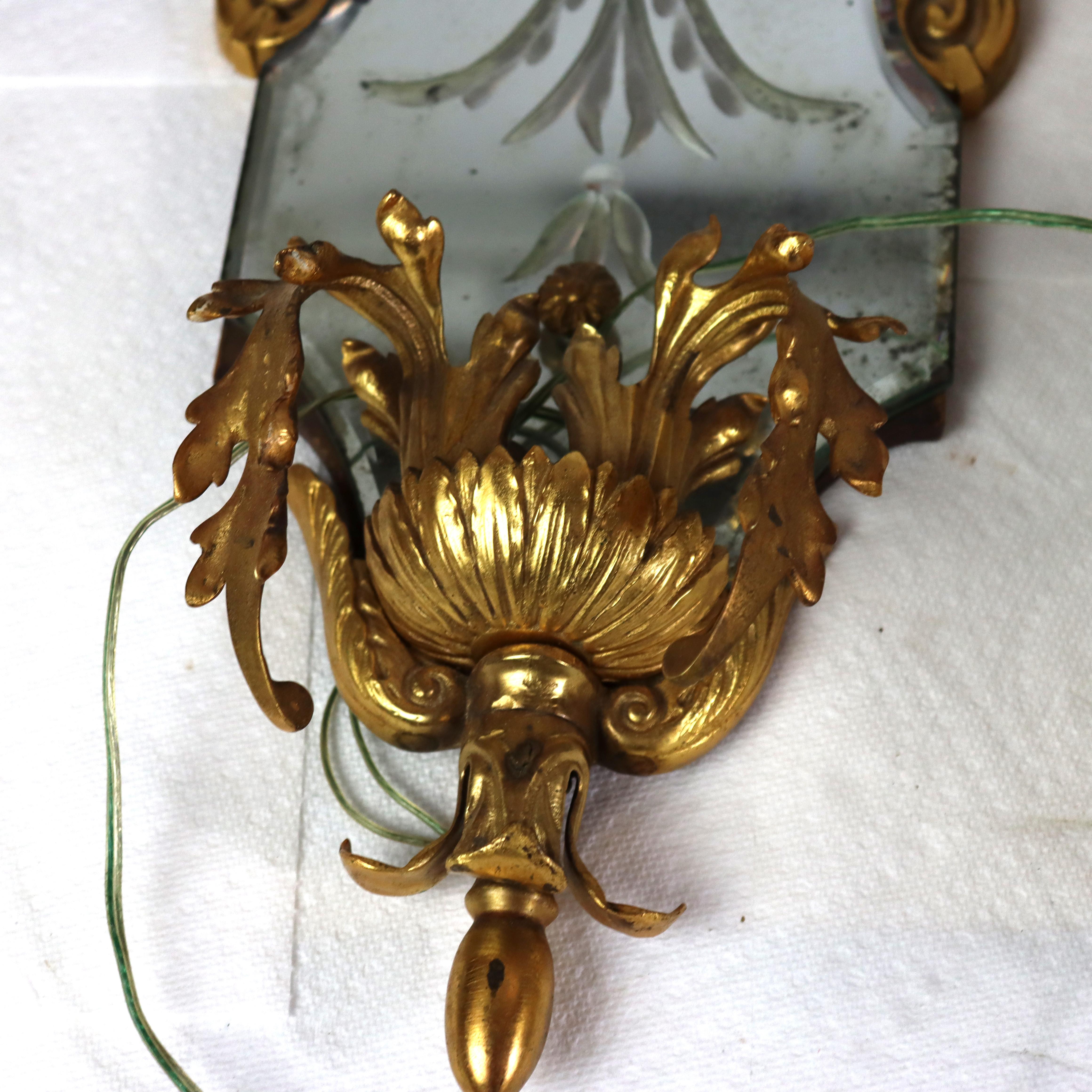 American Antique French Louis XIV Gilt Bronze & Mirrored Wall Sconces c1900 For Sale