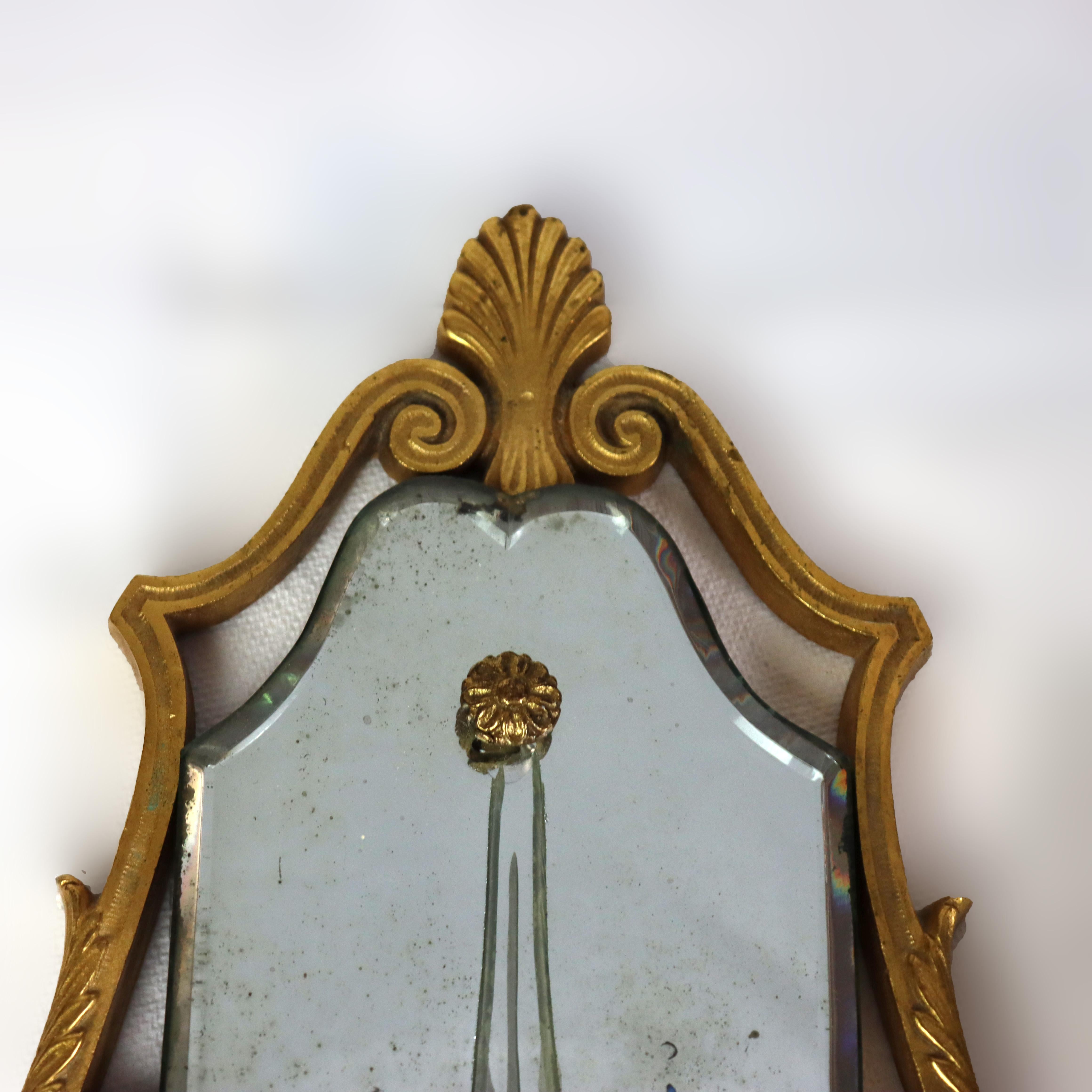 Antique French Louis XIV Gilt Bronze & Mirrored Wall Sconces c1900 In Good Condition For Sale In Big Flats, NY