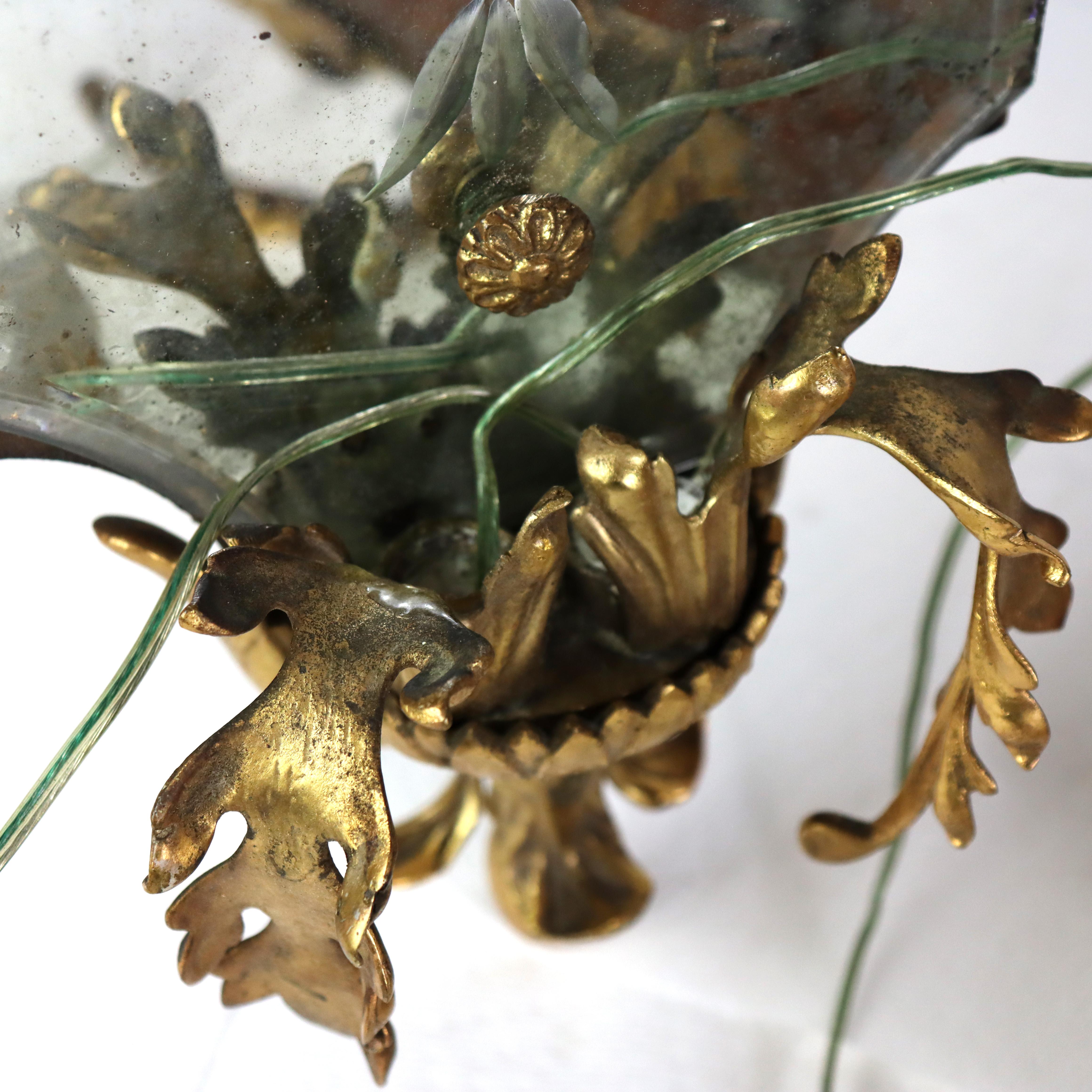 Metal Antique French Louis XIV Gilt Bronze & Mirrored Wall Sconces c1900 For Sale