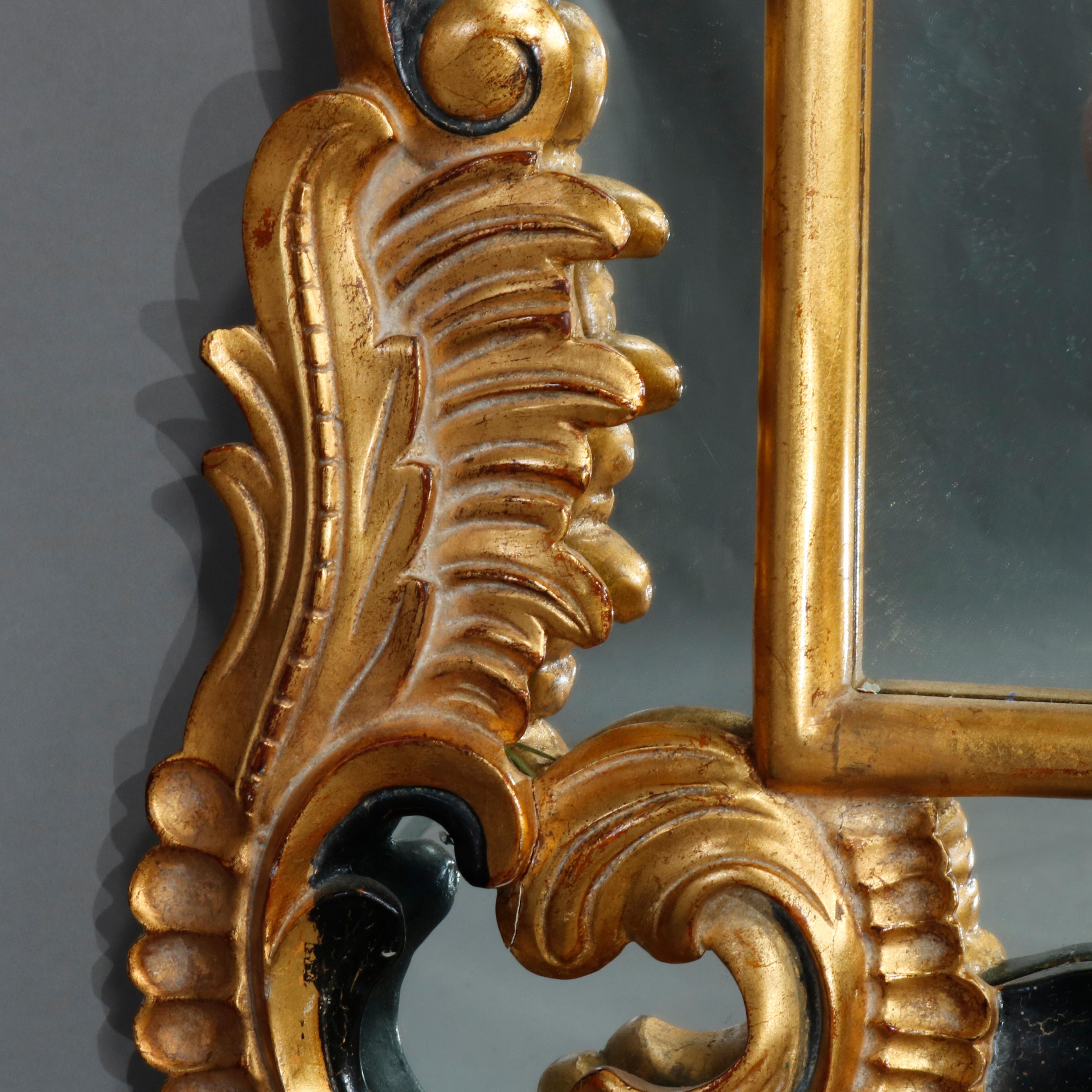 Carved Antique French Louis XIV Giltwood & Ebonized Over Mantel Mirror by Daupine 20thC