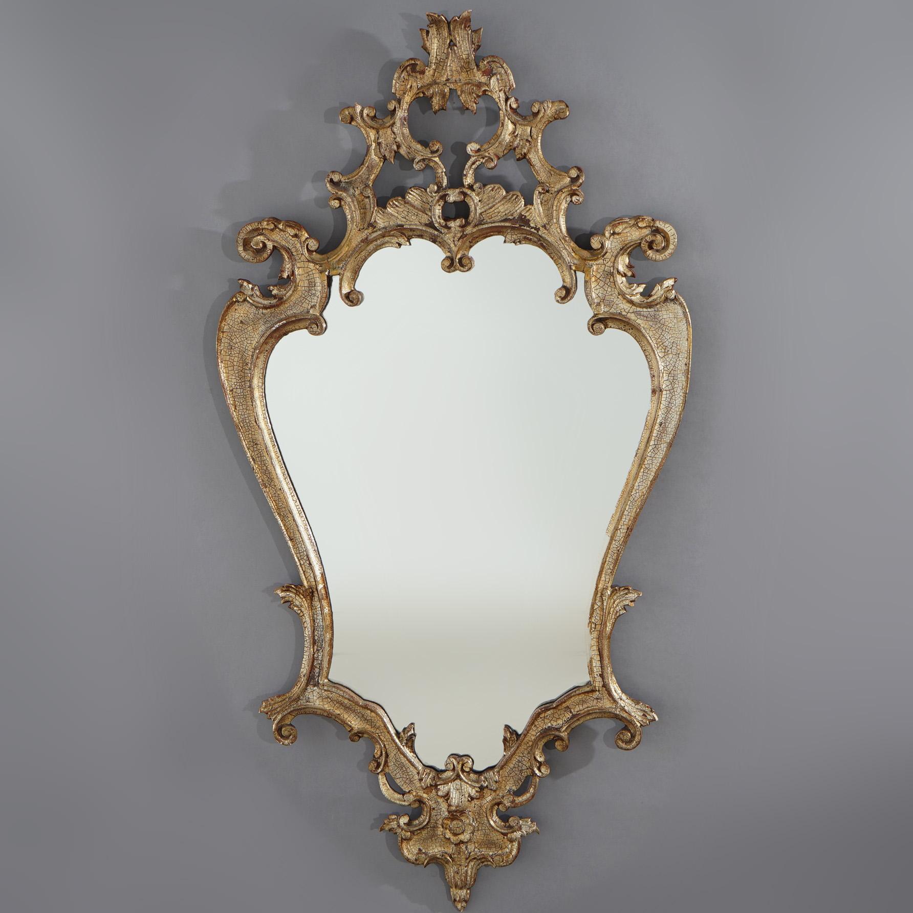 Antique French Louis XIV Giltwood Scroll & Foliate Form Shaped Wall Mirror C1920 In Good Condition In Big Flats, NY