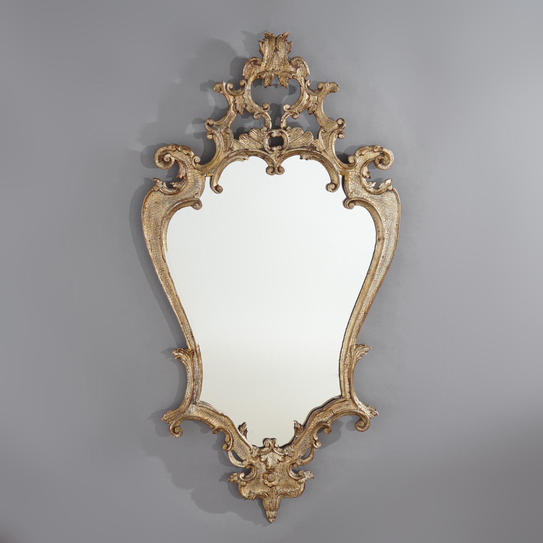 20th Century Antique French Louis XIV Giltwood Scroll & Foliate Form Shaped Wall Mirror C1920