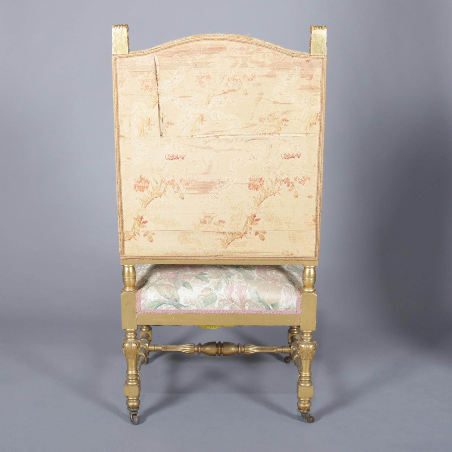 Carved Antique French Louis XIV Giltwood and Tapestry Throne Chair, 20th Century