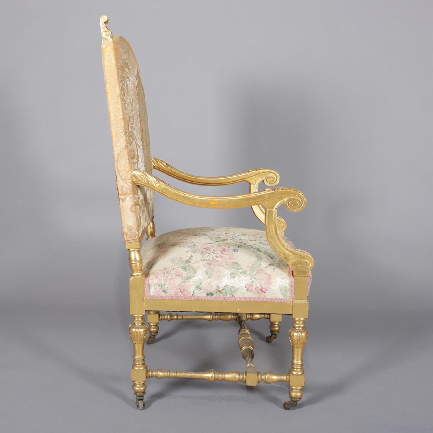 19th Century Antique French Louis XIV Giltwood and Tapestry Throne Chair, 20th Century
