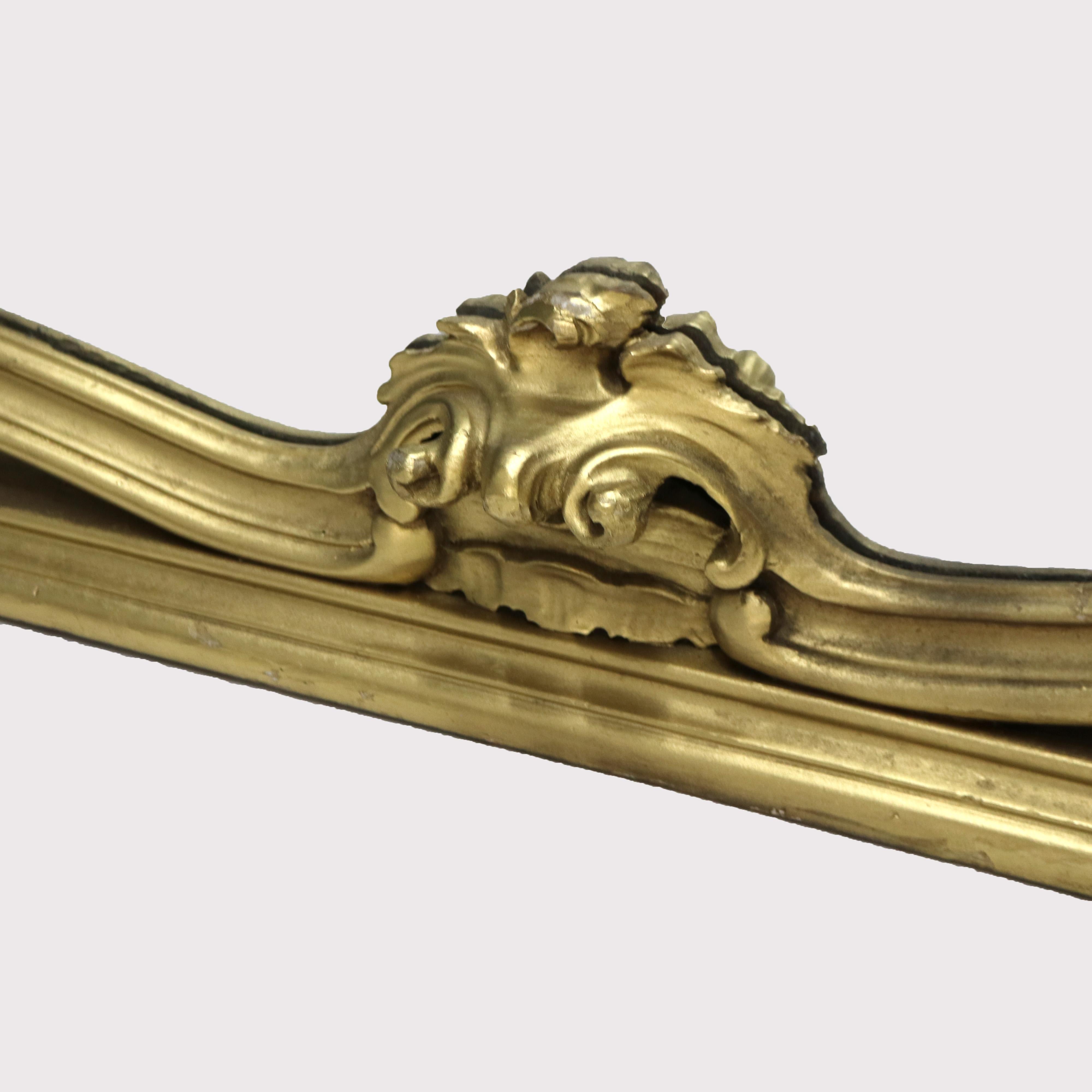 Luigi XIV Antique French Louis XIV Giltwood Triptych Foliate Form Over Mantle Mirror XIXC in vendita