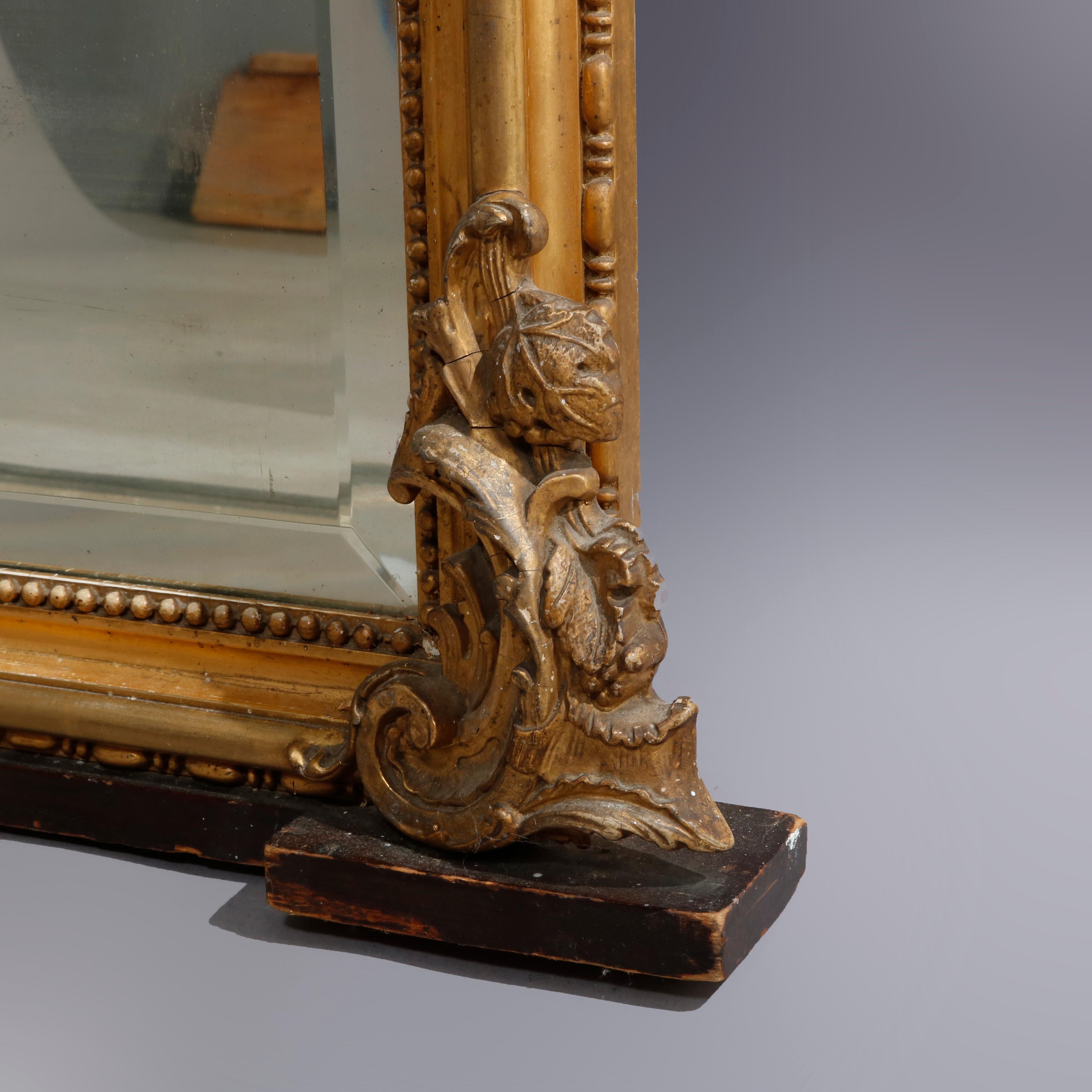 Beveled Antique French Louis XIV Gold Giltwood over Mantle Mirror, circa 1890