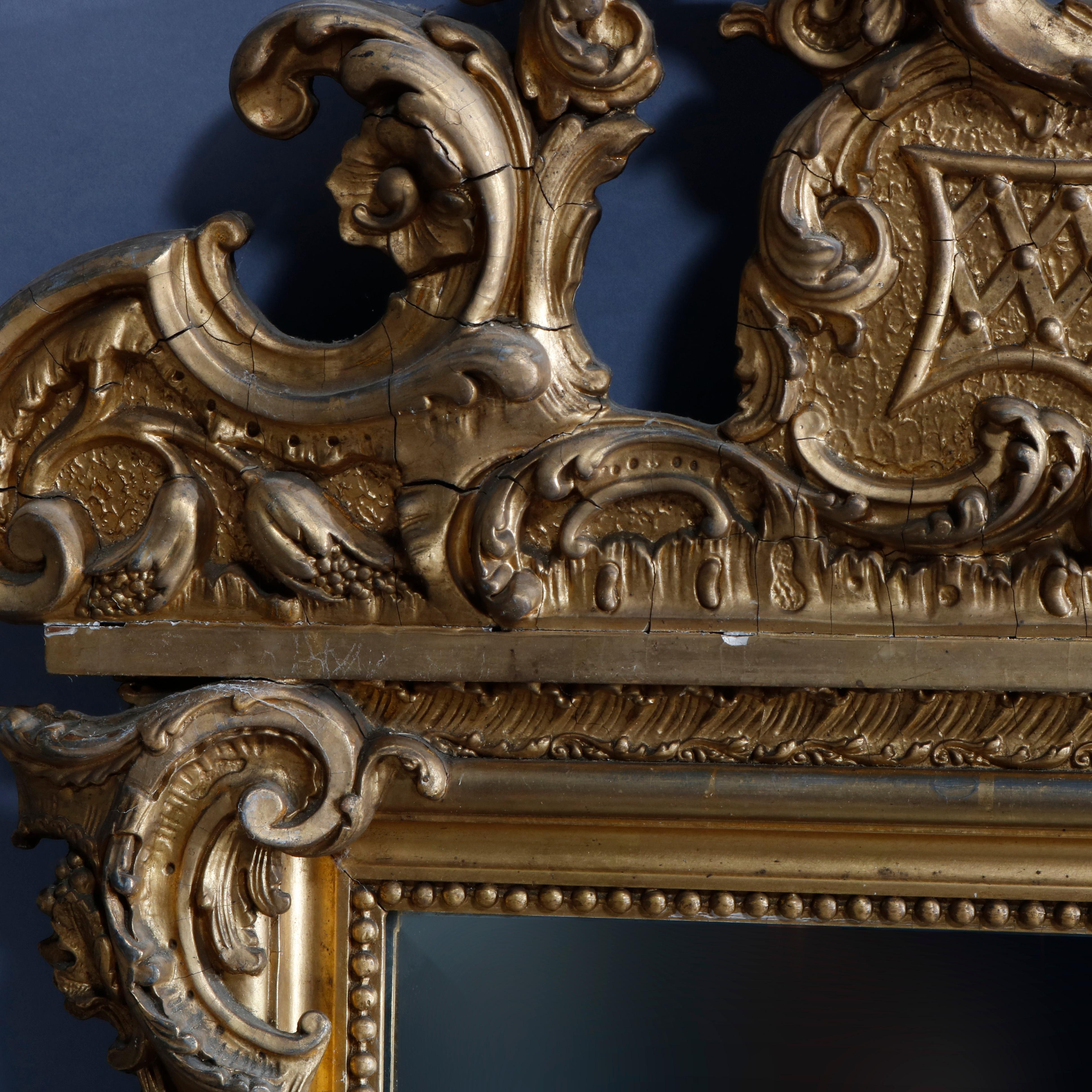 Antique French Louis XIV Gold Giltwood over Mantle Mirror, circa 1890 In Good Condition In Big Flats, NY