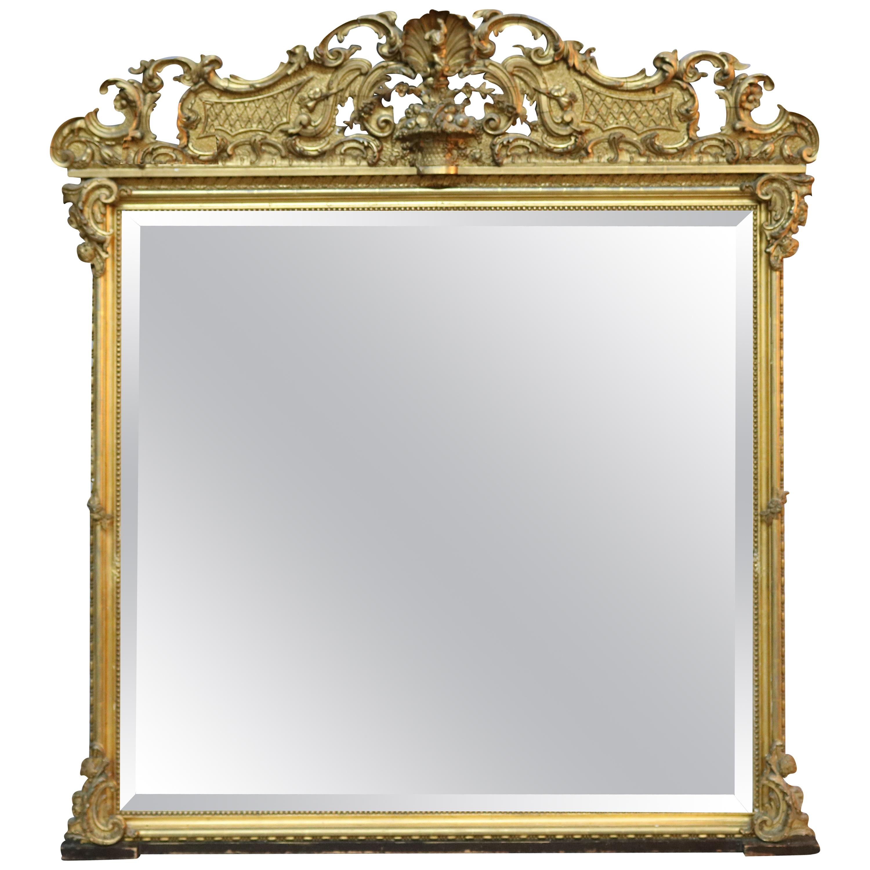 Antique French Louis XIV Gold Giltwood over Mantle Mirror, circa 1890