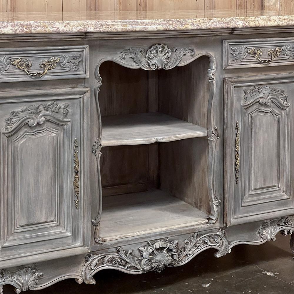 Antique French Louis XIV Gray Washed Fruitwood Marble Top Buffet For Sale 8