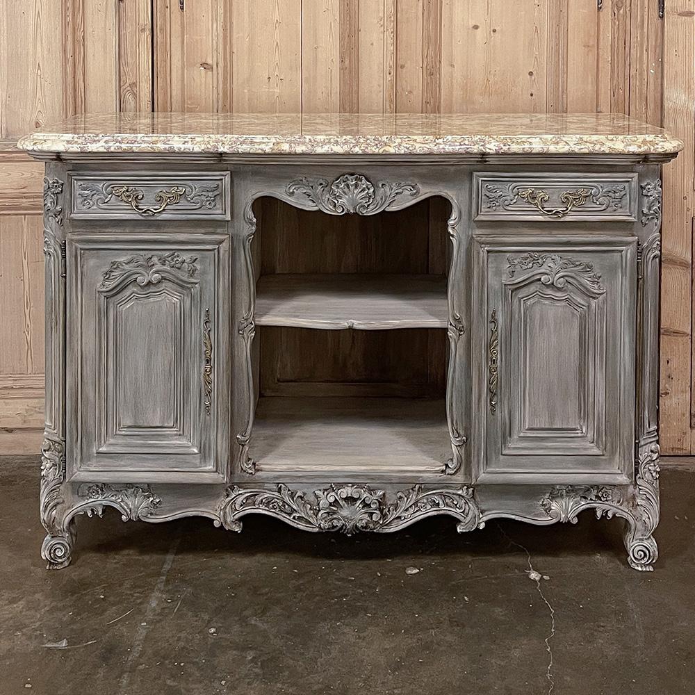 Hand-Crafted Antique French Louis XIV Gray Washed Fruitwood Marble Top Buffet For Sale