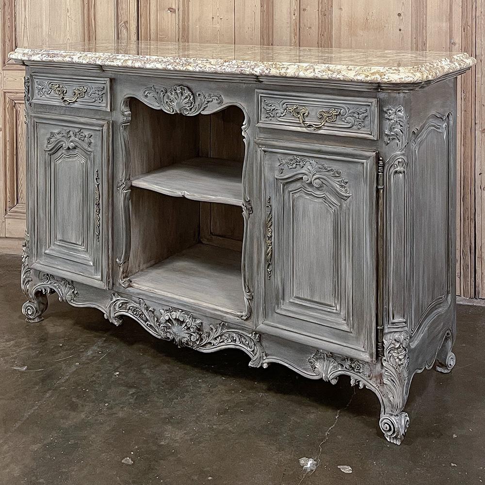 Antique French Louis XIV Gray Washed Fruitwood Marble Top Buffet In Good Condition For Sale In Dallas, TX