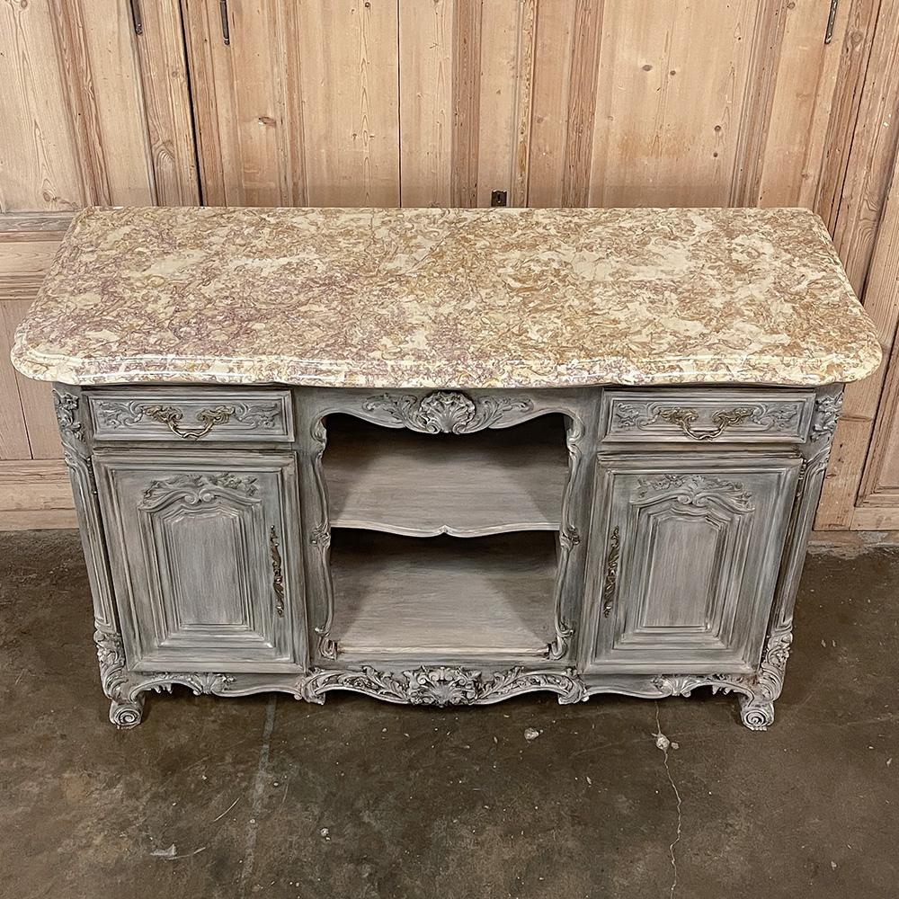 20th Century Antique French Louis XIV Gray Washed Fruitwood Marble Top Buffet For Sale