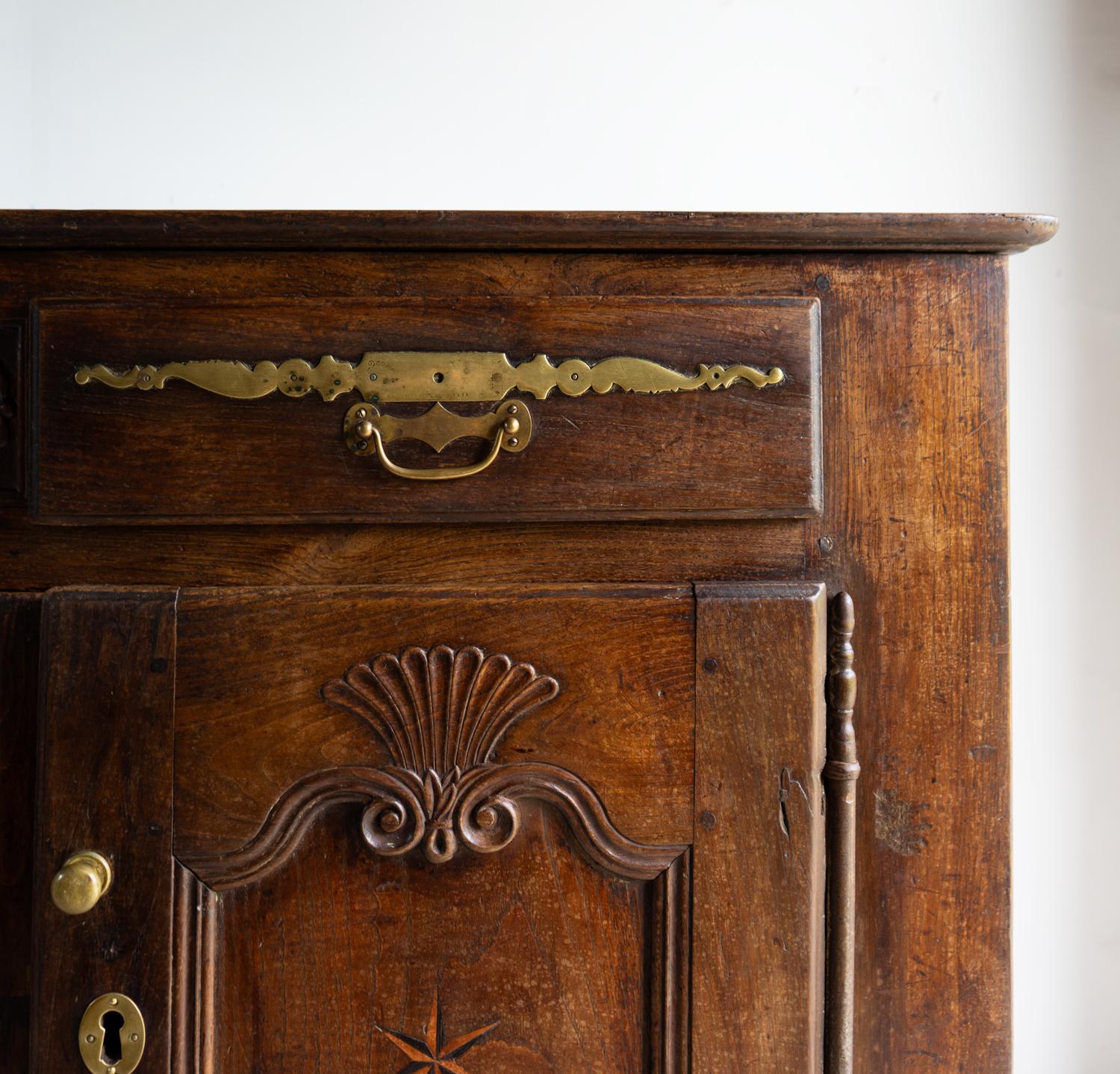 Francese Antique French Louis XIV Inlaid and Carved Oak Cabinet, Early 18Th C. in vendita