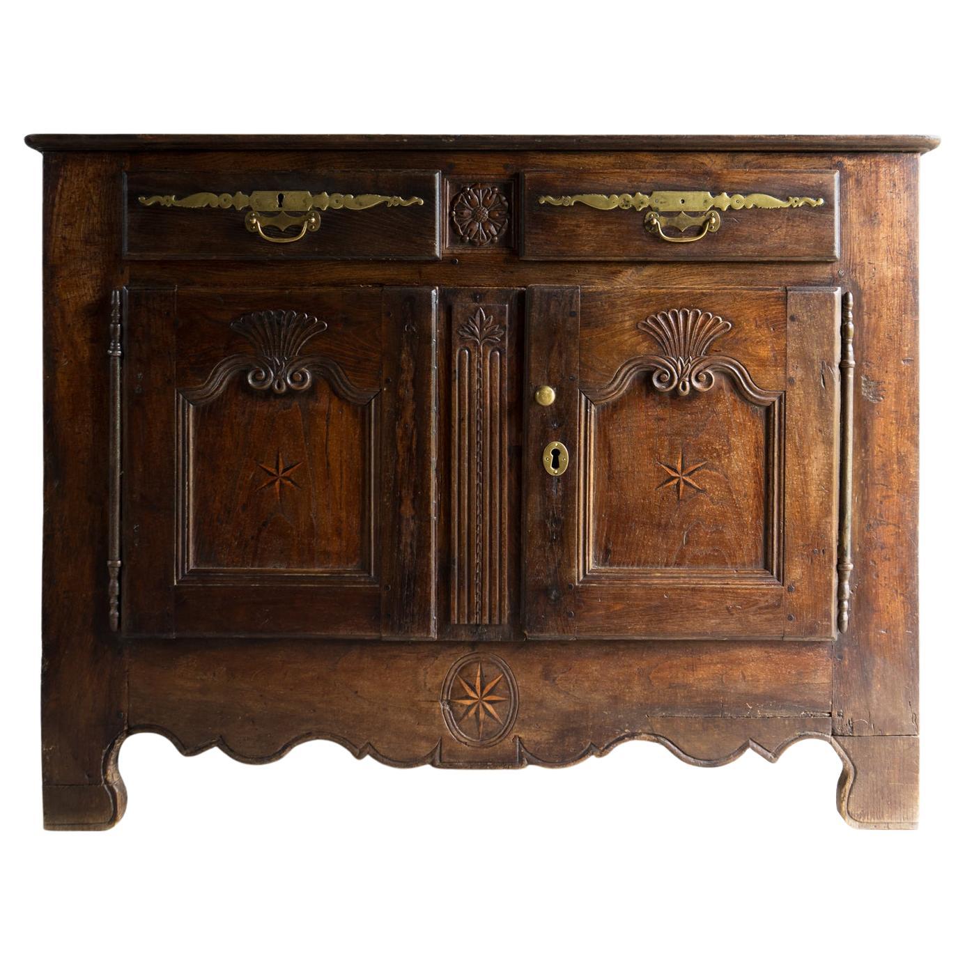 Antique French Louis XIV Inlaid And Carved Oak Buffet Cabinet, Early 18Th C.