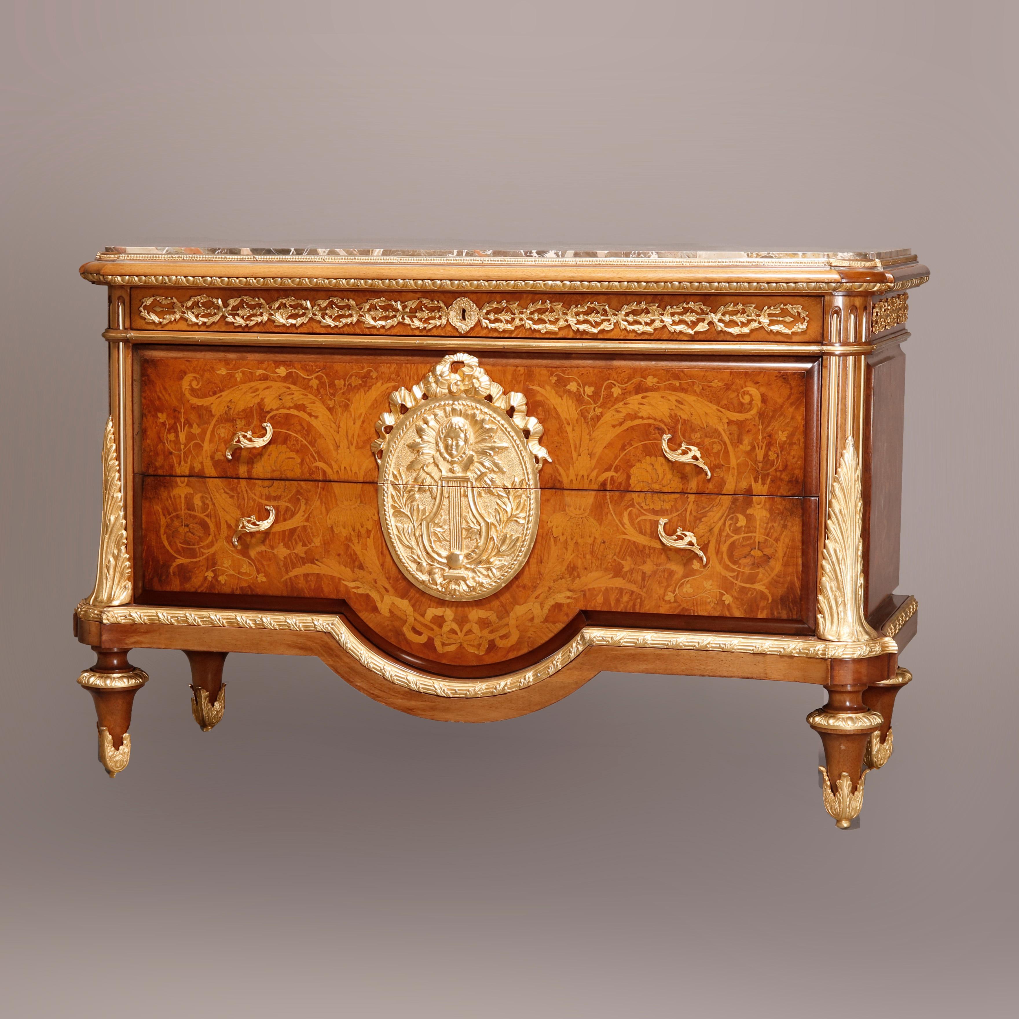 Antique French Empire Inlaid Satinwood, Marble, & Bronze Commode, 20th C 12