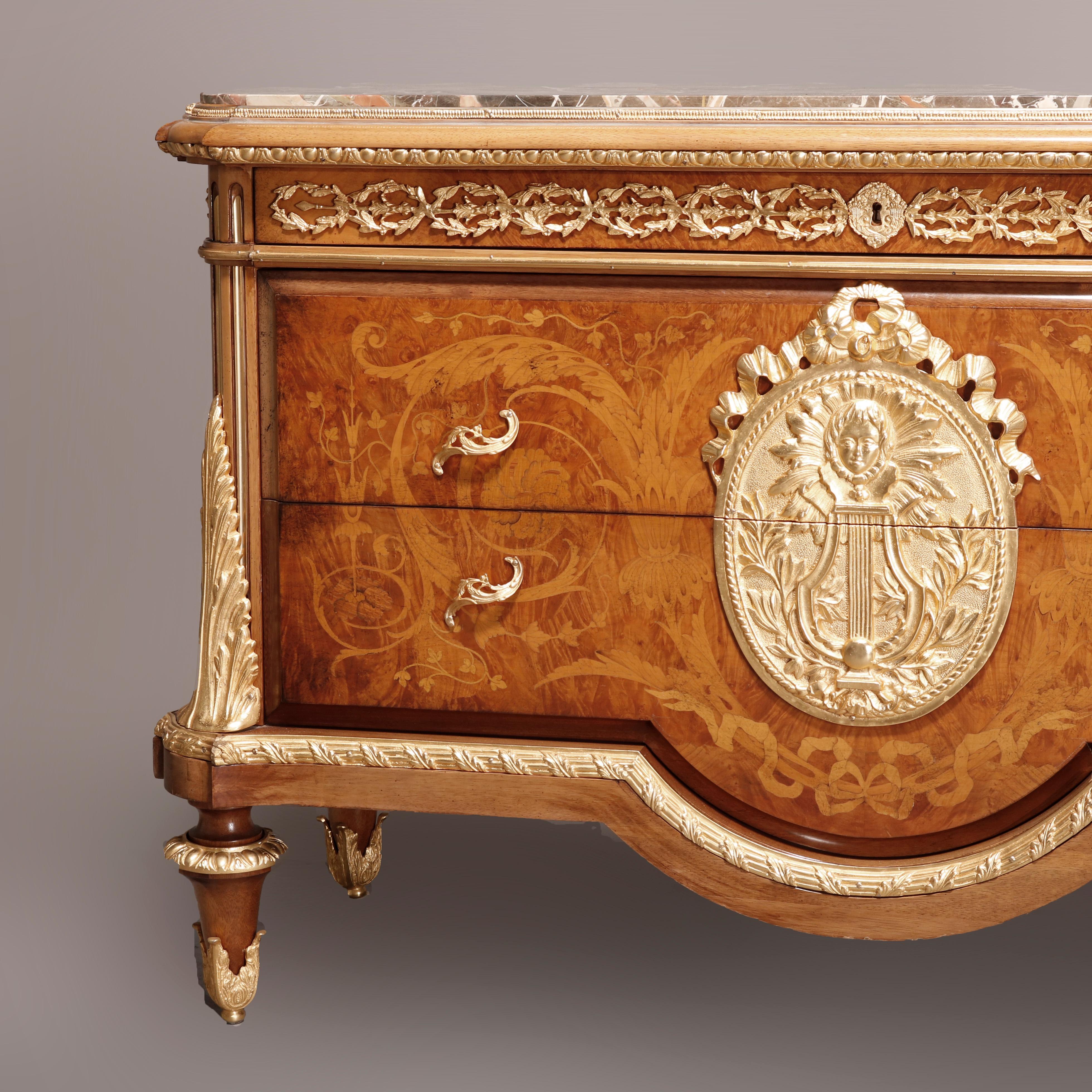 Louis XIV Antique French Empire Inlaid Satinwood, Marble, & Bronze Commode, 20th C