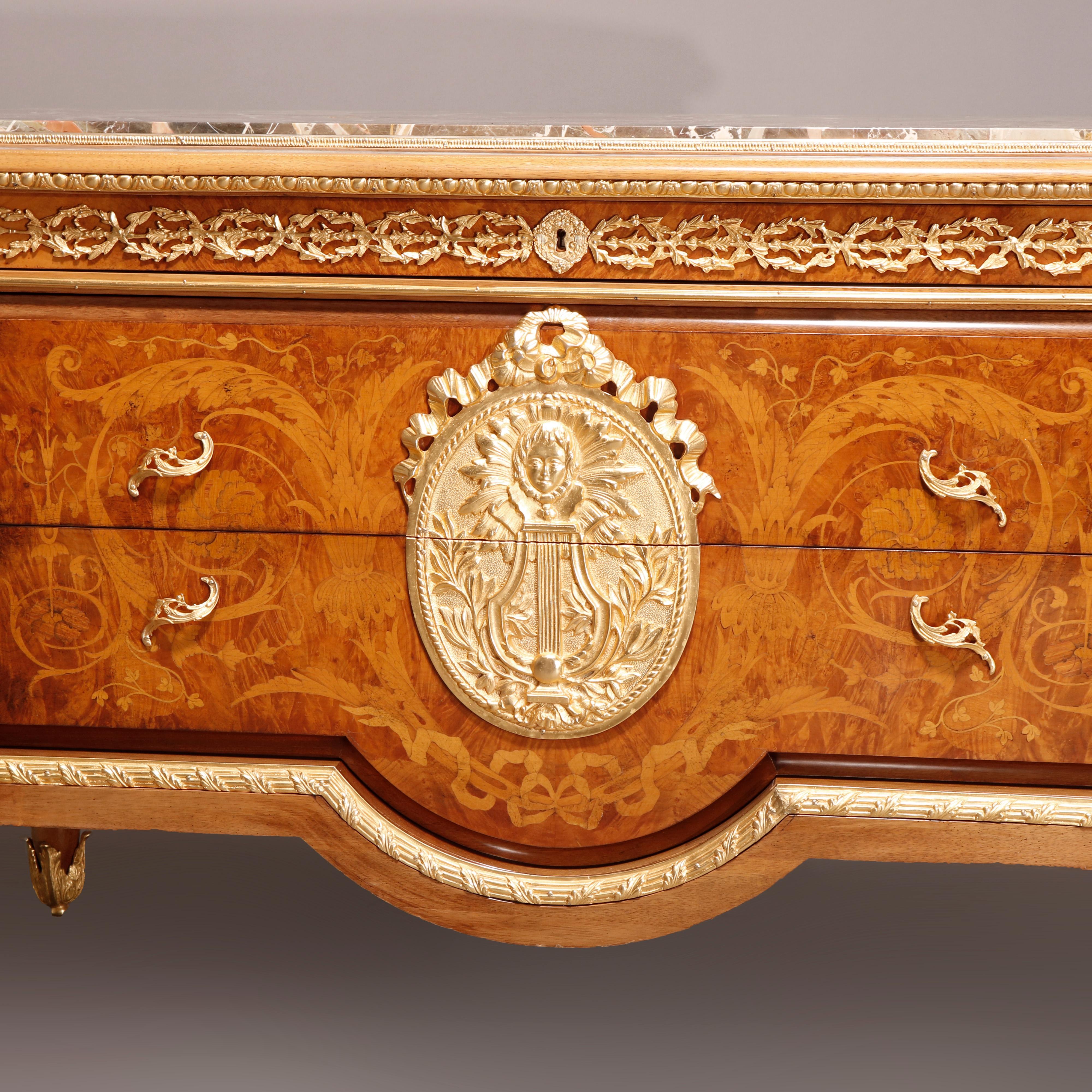 Carved Antique French Empire Inlaid Satinwood, Marble, & Bronze Commode, 20th C