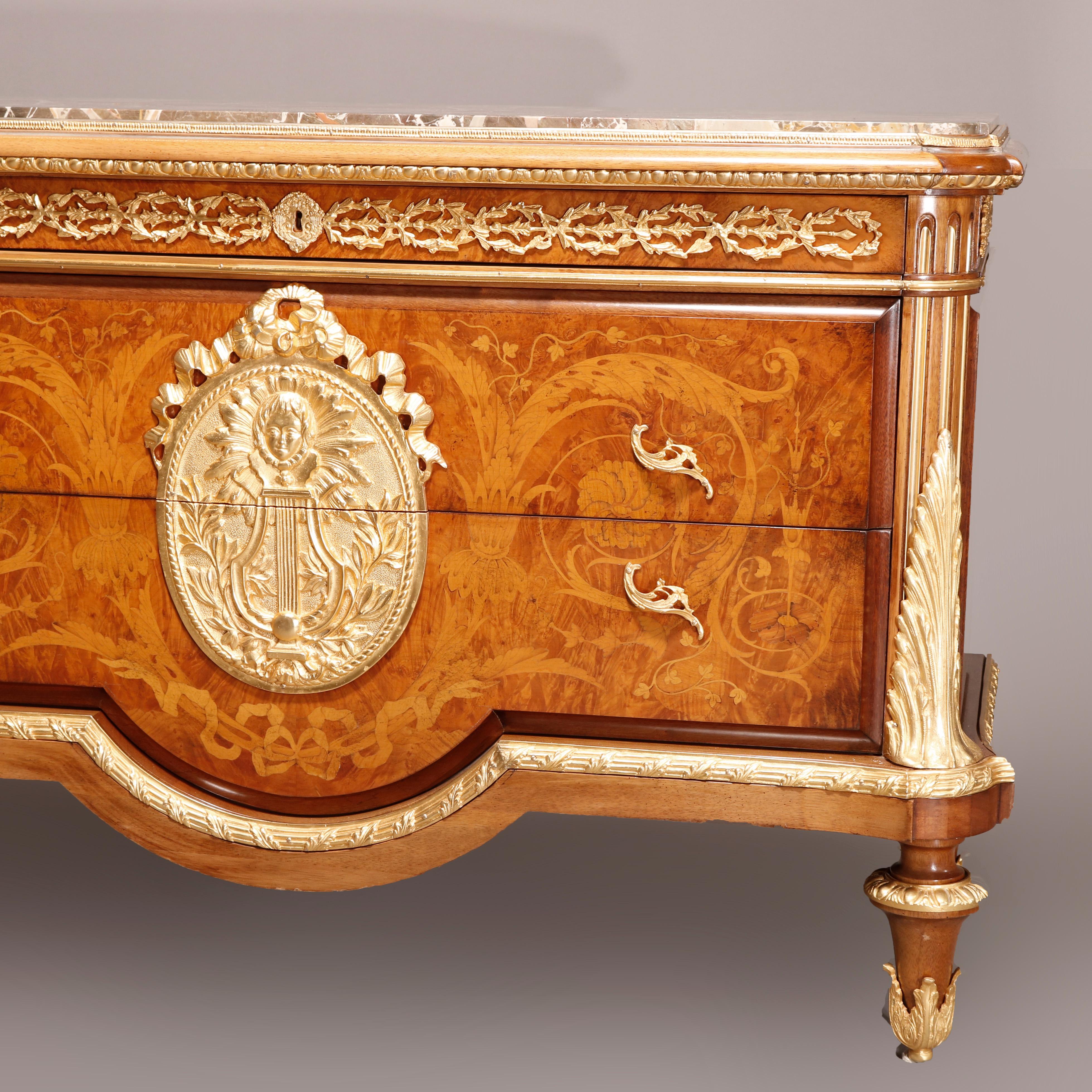 Antique French Empire Inlaid Satinwood, Marble, & Bronze Commode, 20th C In Good Condition In Big Flats, NY