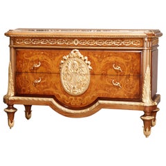 Antique French Empire Inlaid Satinwood, Marble, & Bronze Commode, 20th C