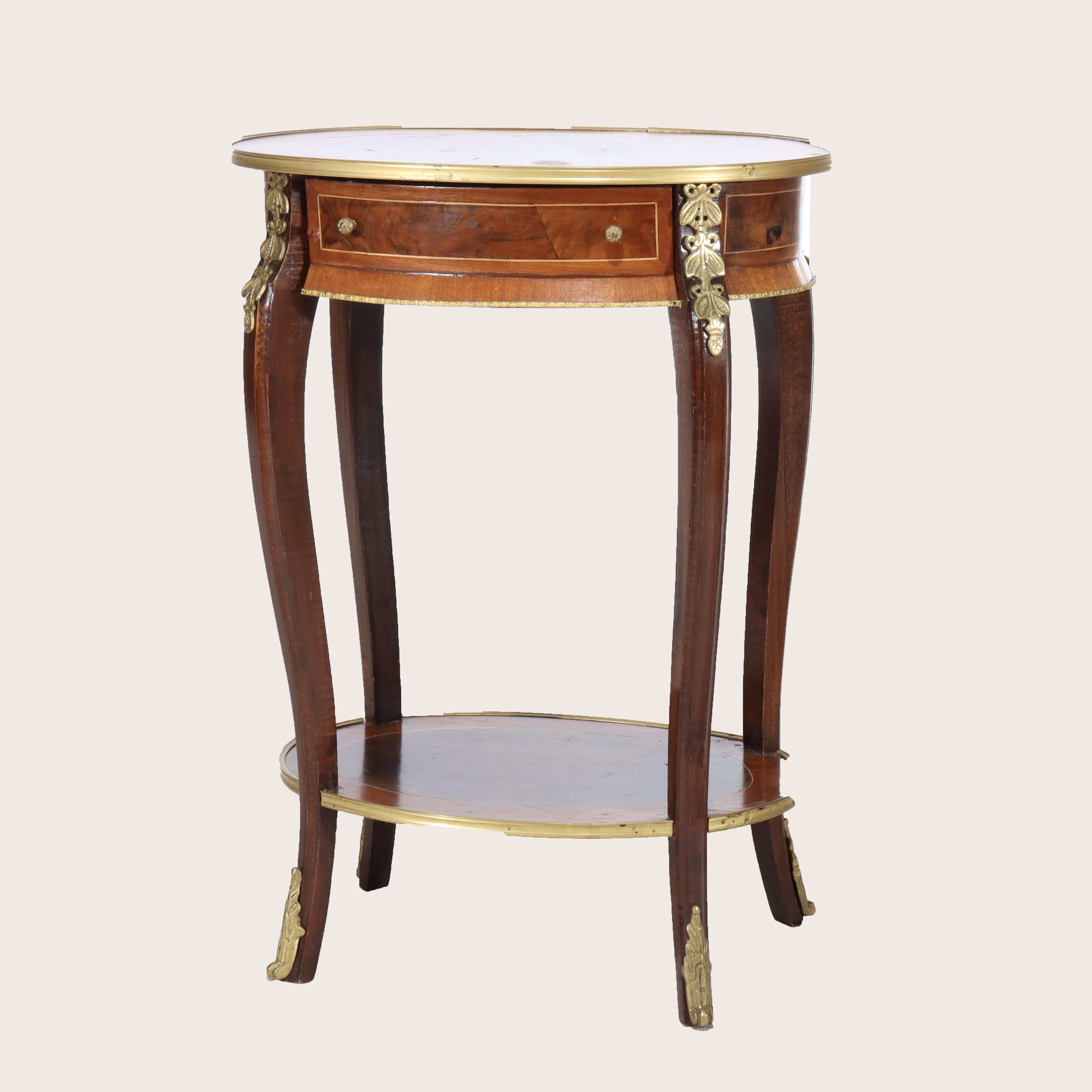 Antique French Louis XIV Mahogany, Burl & Ormolu One Drawer Stand C1930 In Good Condition For Sale In Big Flats, NY